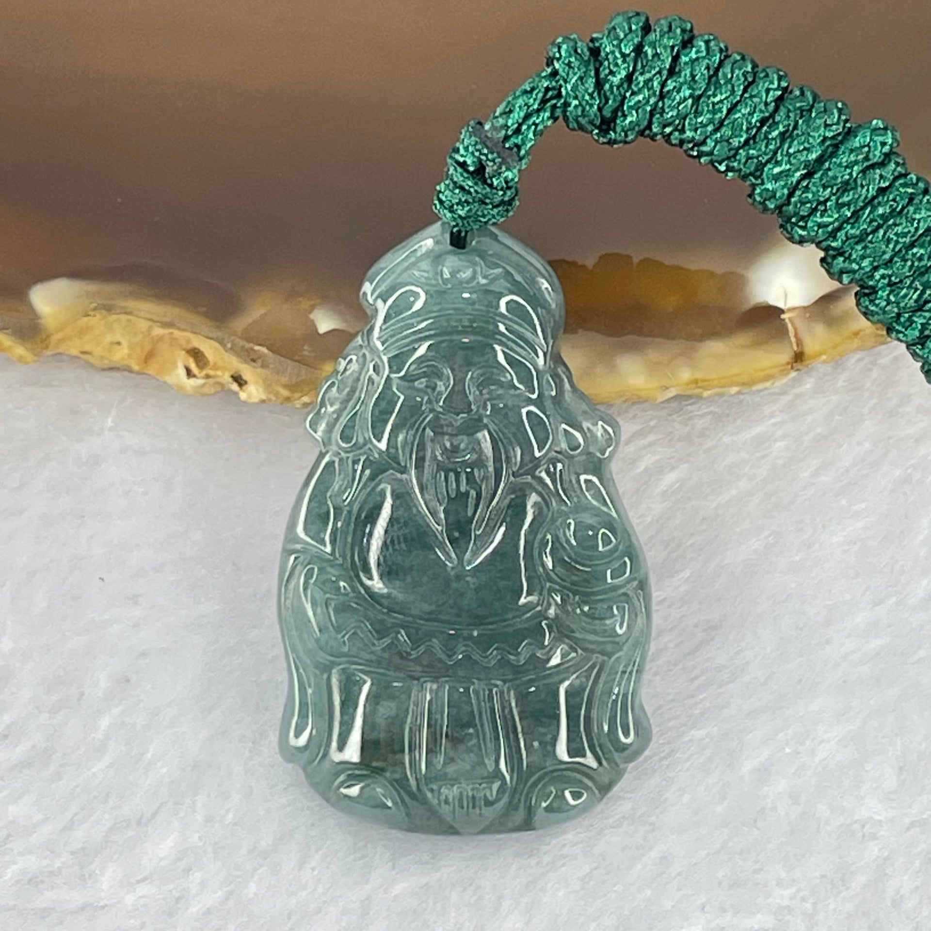 Type A Dark Blueish Green Jadeite Cai Shen Ye God of Fortune Pendant 8.37g 34.2 by 21.6 by 5.0mm - Huangs Jadeite and Jewelry Pte Ltd