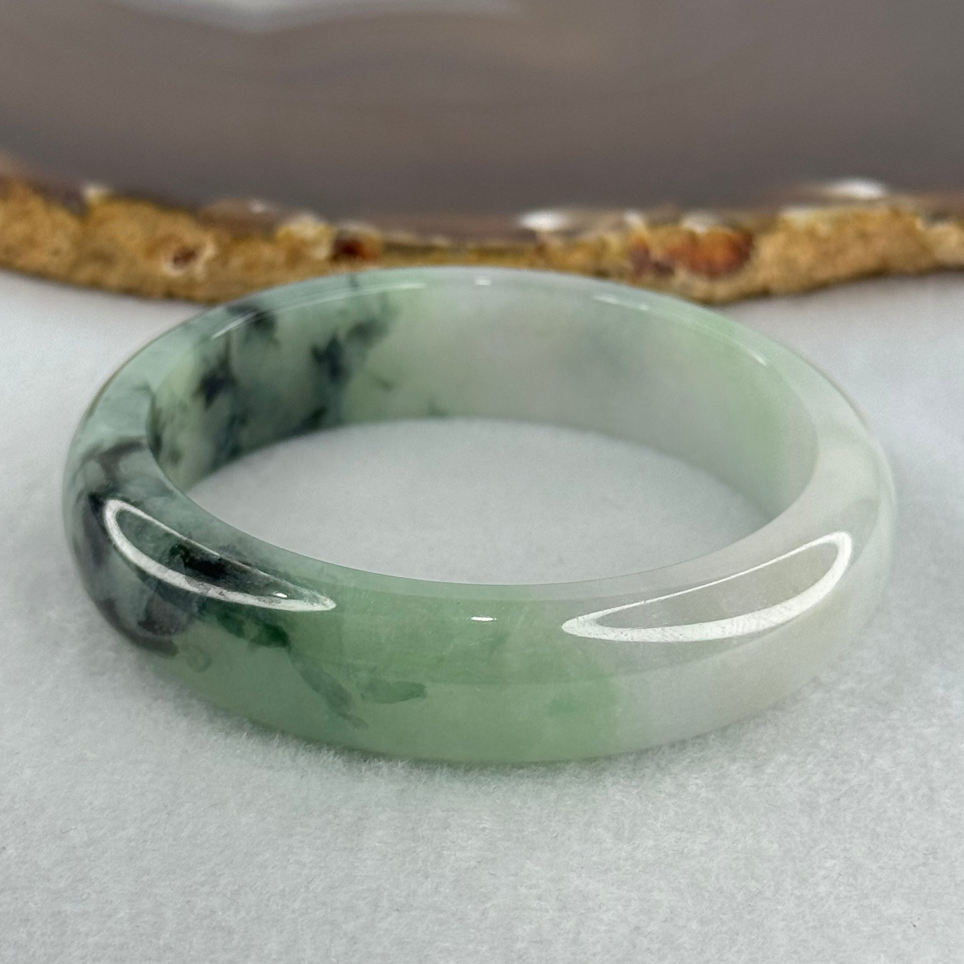 Type A Semi Icy Light Green Lavender with Moss Green Piao Hua Jadeite Bangle Internal Diameter 52.5mm 49.42g 14.0 by 7.2mm (Very Slight Internal Lines) - Huangs Jadeite and Jewelry Pte Ltd