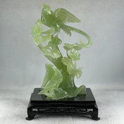 Natural Green Serpentine Phoenix with Double Magpies Birds on Tree with Wooden Stand Display 770.6g 155.0 by 125.0 by 230.0mm - Huangs Jadeite and Jewelry Pte Ltd