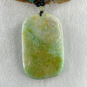 Natural Type A Blueish Green with Yellow Jadeite Buddha and Flowers with People Seeking for Enlightenment Pendant 87.75g 72.8 by 45.7 by 11.8mm - Huangs Jadeite and Jewelry Pte Ltd
