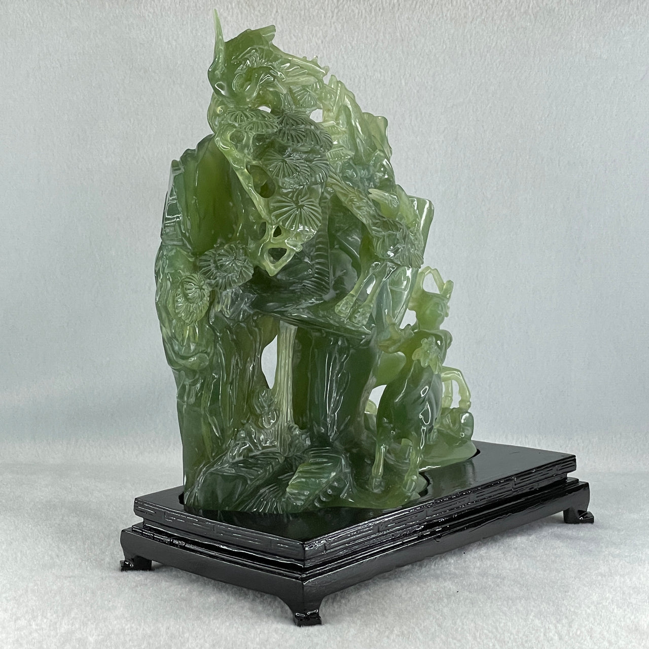 Natural Icy Dark Green Serpentine Double Reindeers with Twin Cranes on Shan Shui with Wooden Stand Display 1,804.8g 210.0 by 109.0 by 228.0mm