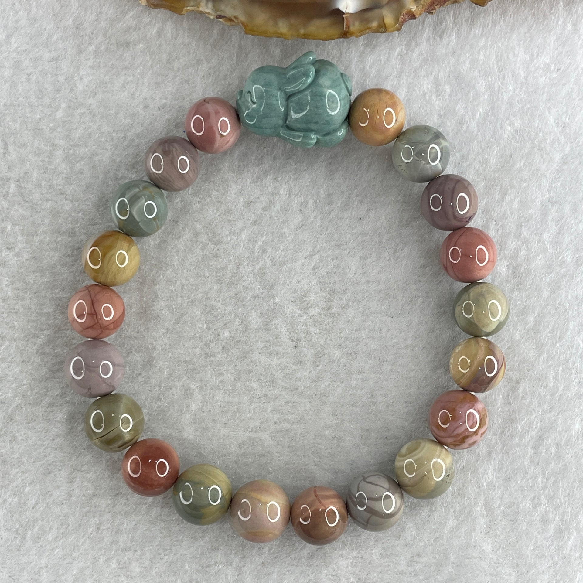 Natural Alashan Agate Pastels Pink Beads with Rabbit Charm Bracelet 21.69g 15.5cm 8.8mm 20Beads - Huangs Jadeite and Jewelry Pte Ltd