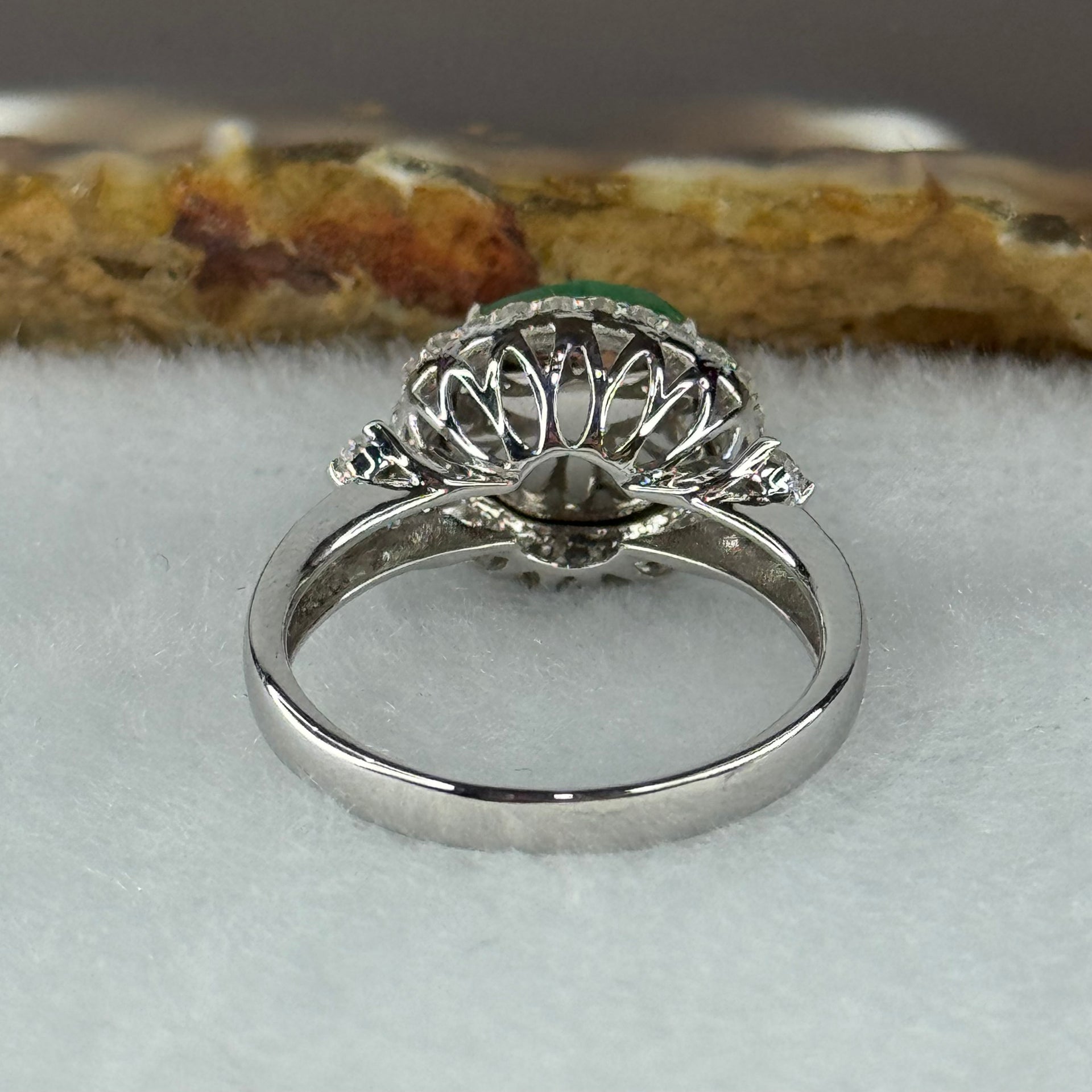 Type A Burmese Jade Jadeite Pixiu Head in 18k white gold with white sapphires and diamonds 4.17g pixiu head 9.0 by 11.0 by 2.0mm inner diameter 17.4mm US7 HK15 with NGI Cert - Huangs Jadeite and Jewelry Pte Ltd