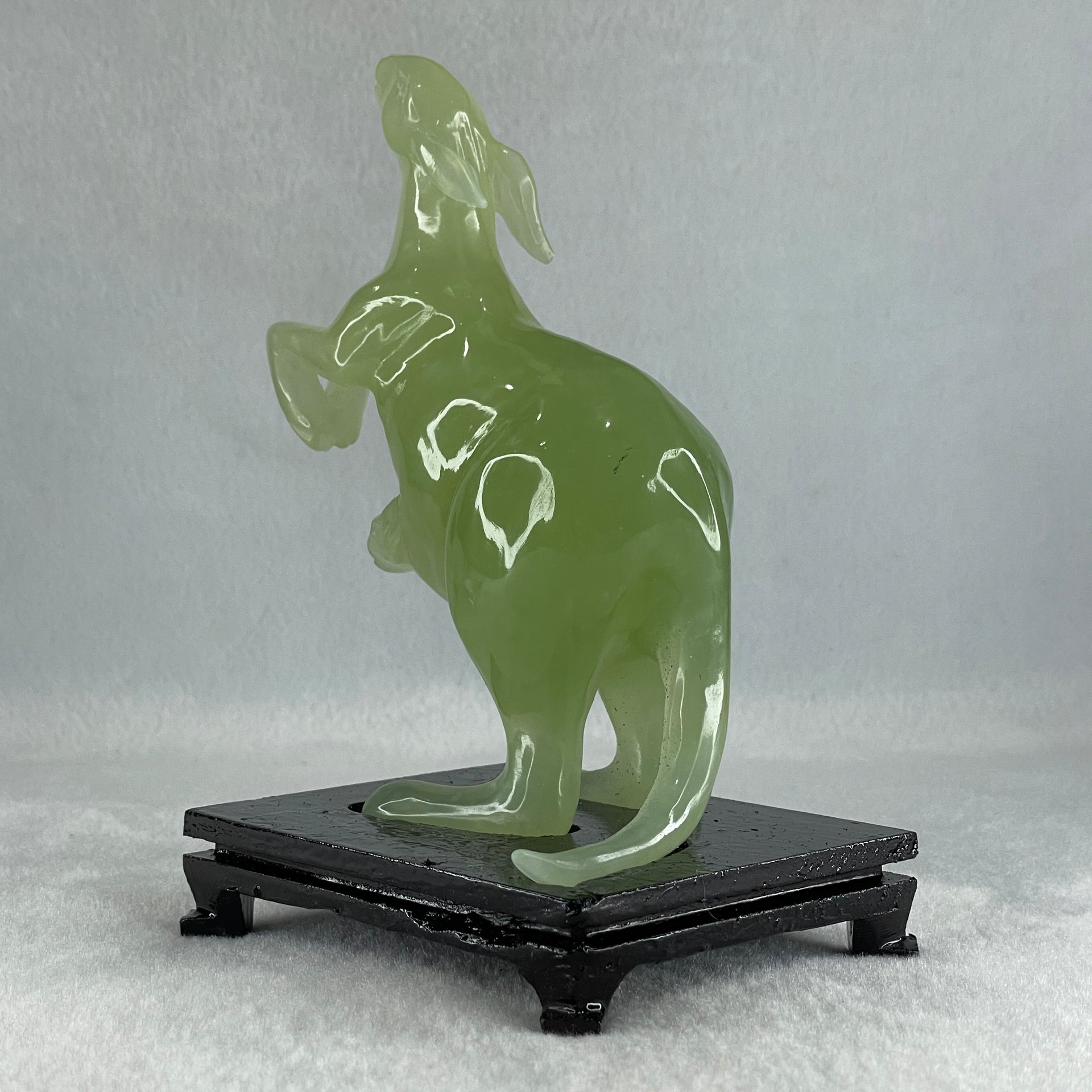 Natural Green Serpentine Kangaroo and Baby with Wooden Stand Display 374.2g 108.0 by 150.0 by 72.0mm - Huangs Jadeite and Jewelry Pte Ltd