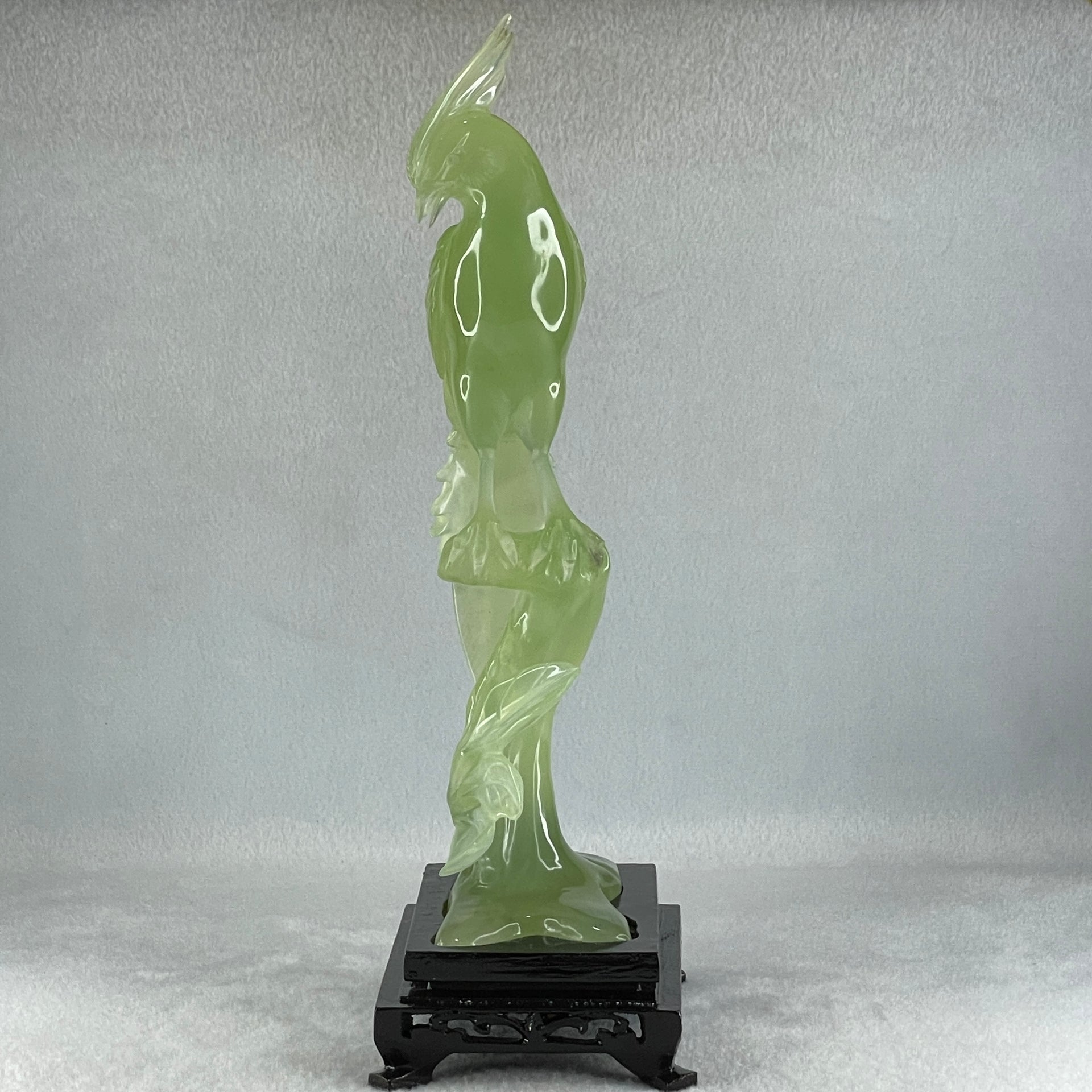 Natural Green Serpentine Phoenix on Tree with Wooden Stand Display 507.8g 114.0 by 265.0 by 84.0mm - Huangs Jadeite and Jewelry Pte Ltd