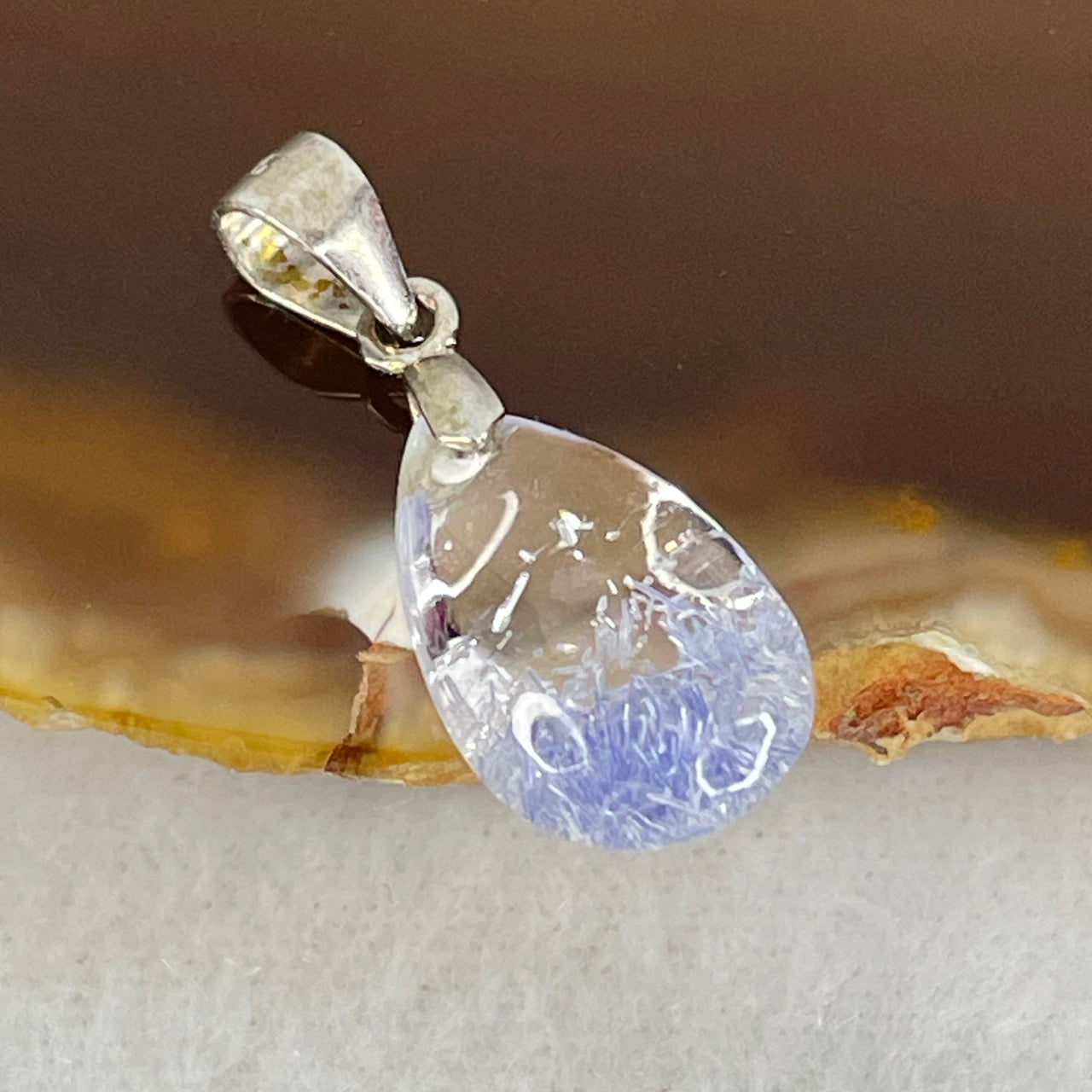 Rare Very Good Grade Natural Blue Dumortierite Rutilated Quartz Teardrop Pendant with S925 Sliver Clasps 1.22g 14.8 by 9.2 by 6.1mm - Huangs Jadeite and Jewelry Pte Ltd