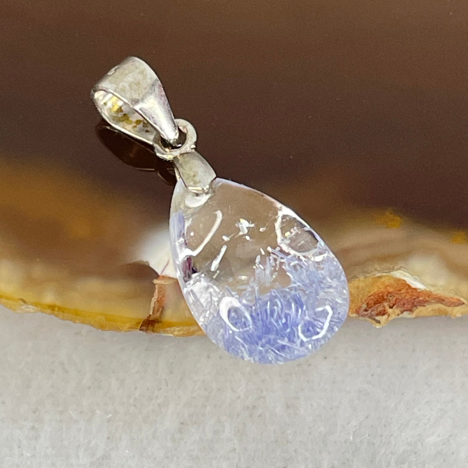 Rare Very Good Grade Natural Blue Dumortierite Rutilated Quartz Teardrop Pendant with S925 Sliver Clasps 1.22g 14.8 by 9.2 by 6.1mm - Huangs Jadeite and Jewelry Pte Ltd