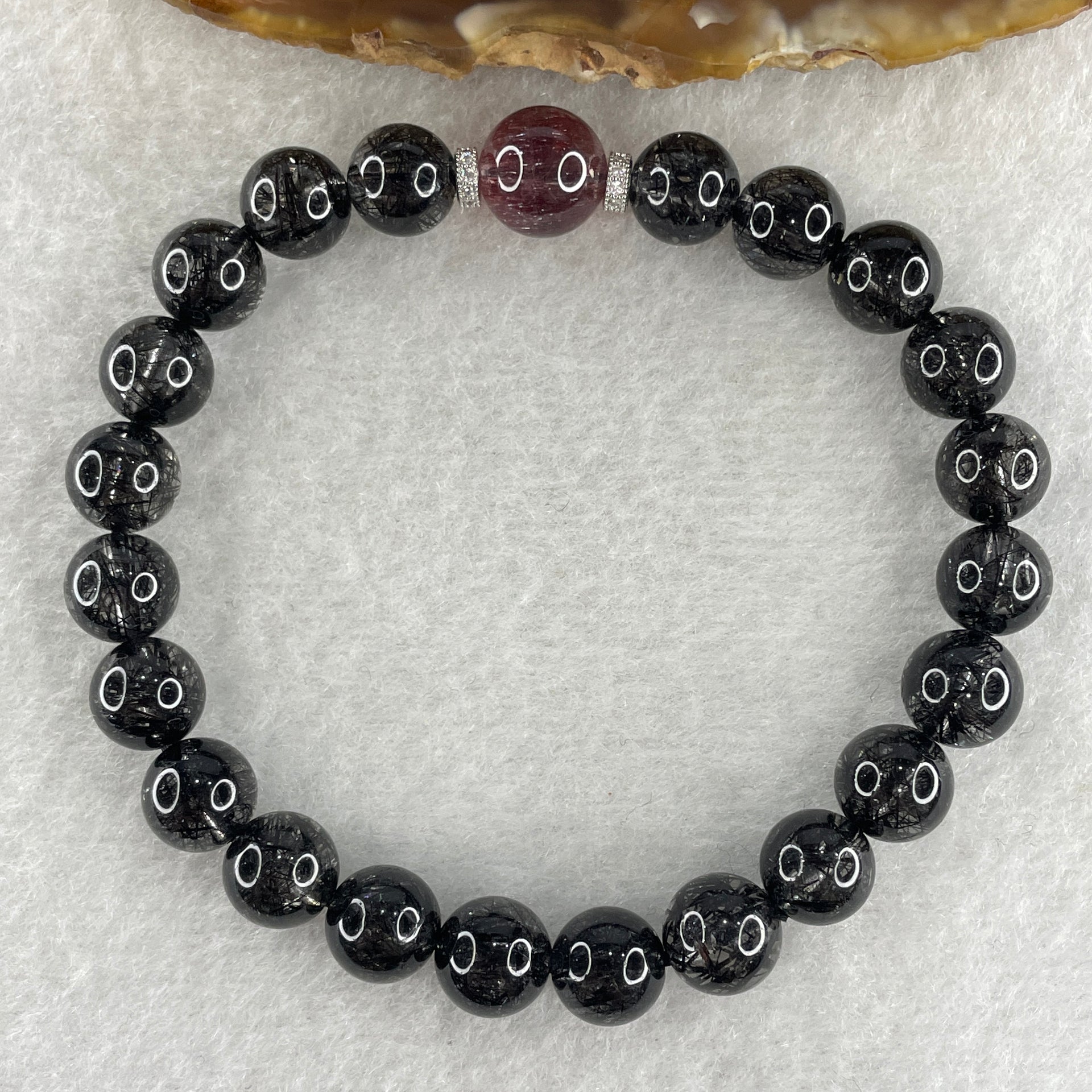 Natural Black Rutilated Quartz with Strawberry Quartz Beads Bracelet 17.79g 16cm 8.2mm 22Beads - 9.4mm 1Bead - Huangs Jadeite and Jewelry Pte Ltd