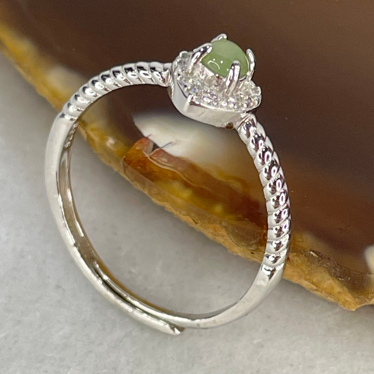 Type A Icy Green Cabochon Jadeite in S925 Sliver Heart Ring (Adjustable Size) 1.18g 3.5 by 2.5mm - Huangs Jadeite and Jewelry Pte Ltd