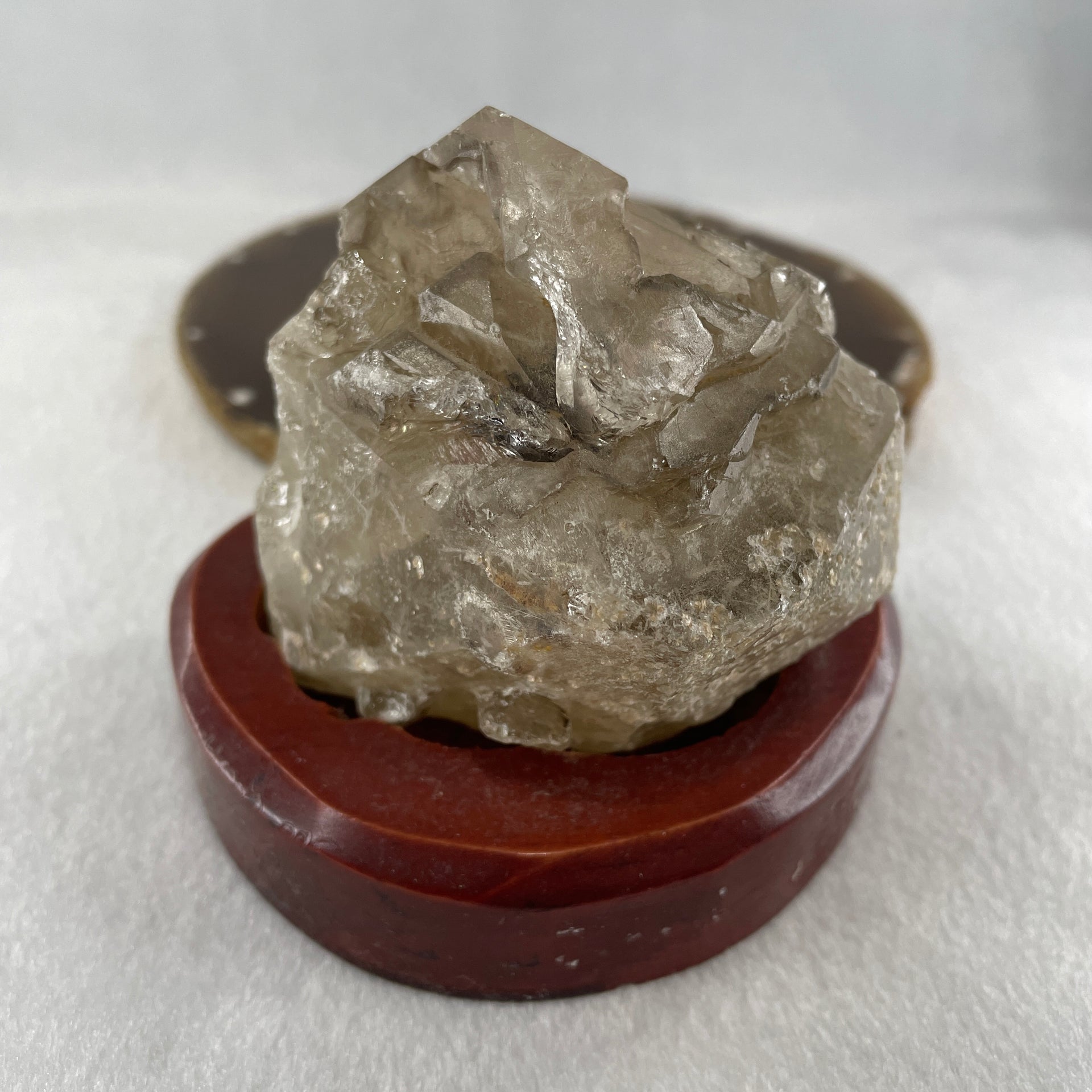 Natural Smoky Quartz Rough Irregular Shape Display in Wooden Stand 483.64g 99.3 by 83.1 by 91.0mm - Huangs Jadeite and Jewelry Pte Ltd