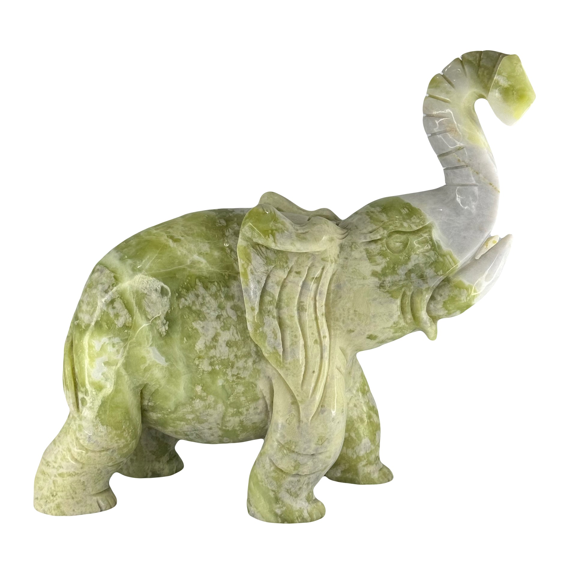 Natural Serpentine White and Green Patches Elephant Display 6,599.3g 280.0 by 96.0 by 275.0mm - Huangs Jadeite and Jewelry Pte Ltd