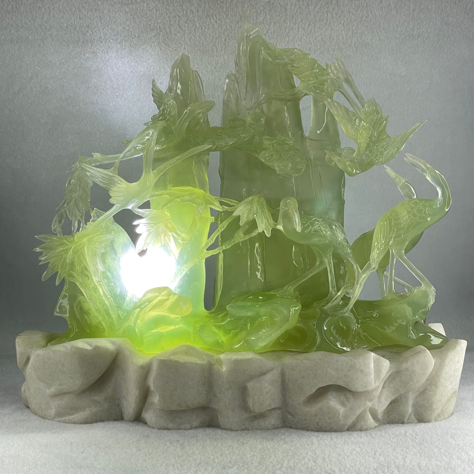 Natural Icy Green Serpentine 6 Cranes with Bamboo Shoots on Shan Shui with White Stone Stand Display 3,171.9g 270.0 by 102.0 by 236.0mm - Huangs Jadeite and Jewelry Pte Ltd