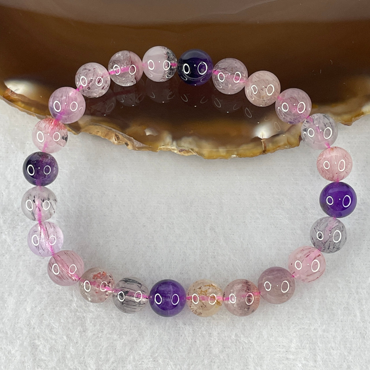Certified Above-Average Grade Natural Super 7 Crystal Beads Bracelet | High-Fluidity Crystalline Strand | Authentic Sacred Seven Multi-Mineral Inclusions Quartz Spiritual Catalyst & Auric Shield Bracelet (18.01g | 16.5cm Length | 8.3mm | 24 Beads)