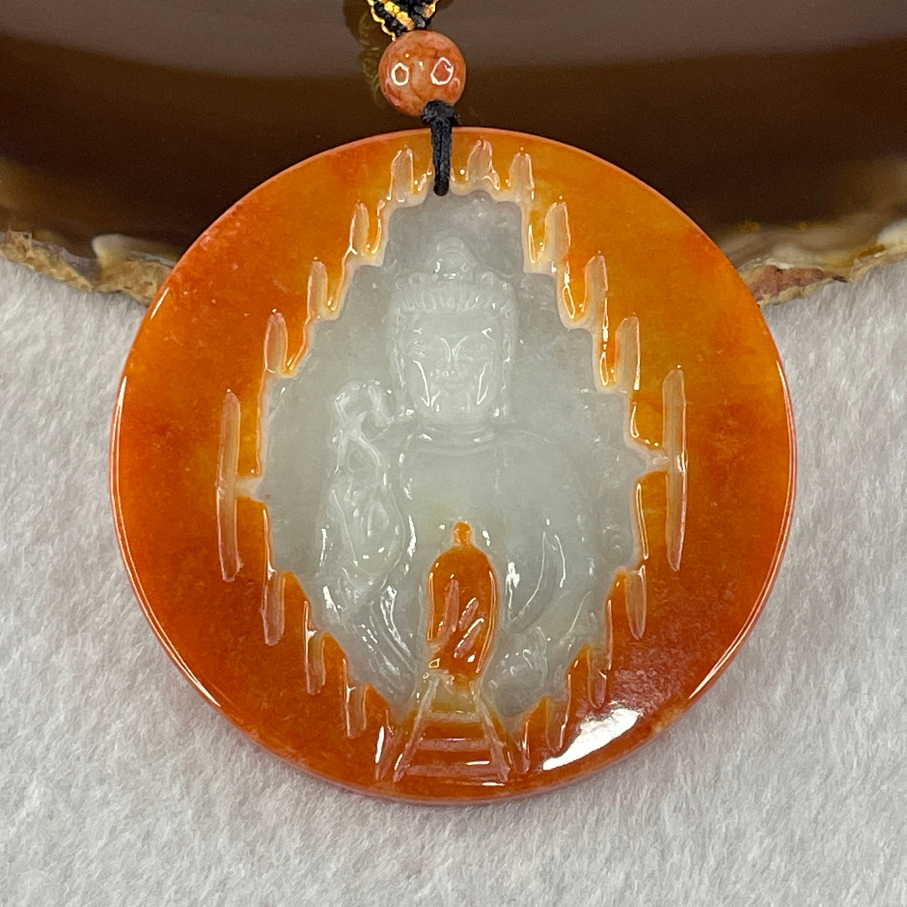 Natural Type A Red with Fain Lavender Faint Green Jadeite Guan Yin with Person Seeking Enlightenment Pendant 45.96g 55.1 by 6.5mm (Burned)