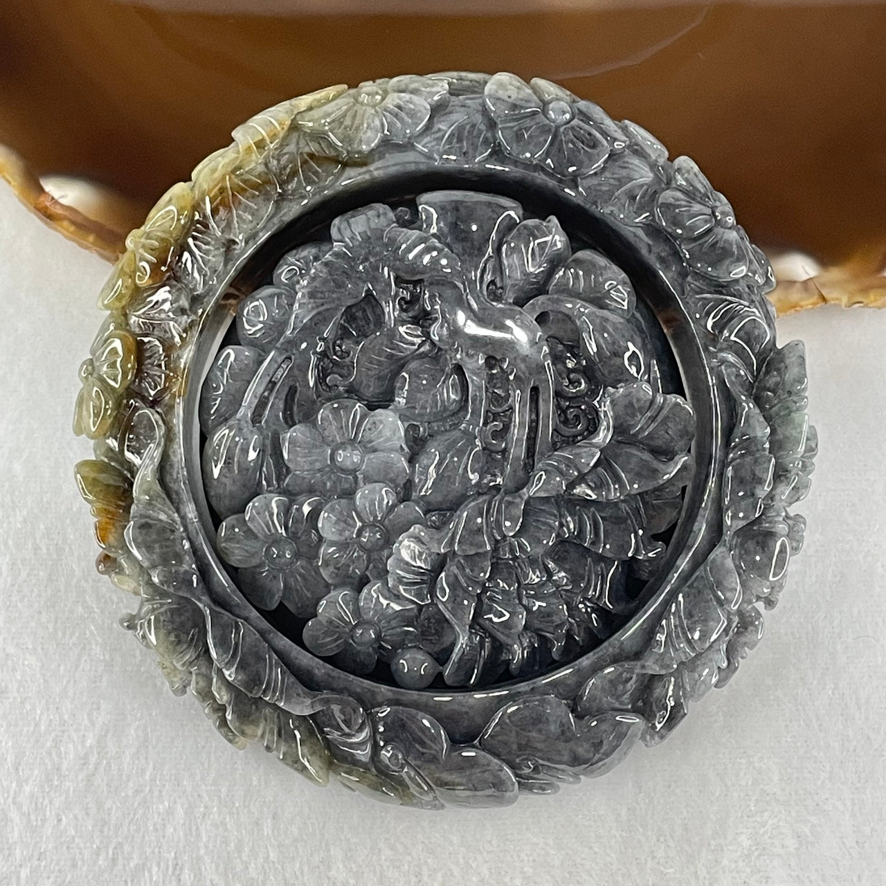 Type A Wuji Grey with Brown Jadeite Bird with Prosperity Flowers and Ruyi Bangle Inner Diameter 58.4mm 14.1 by 13.5mm and Pendant 56.5 by 14.4mm Total Weight 192.46g - Huangs Jadeite and Jewelry Pte Ltd