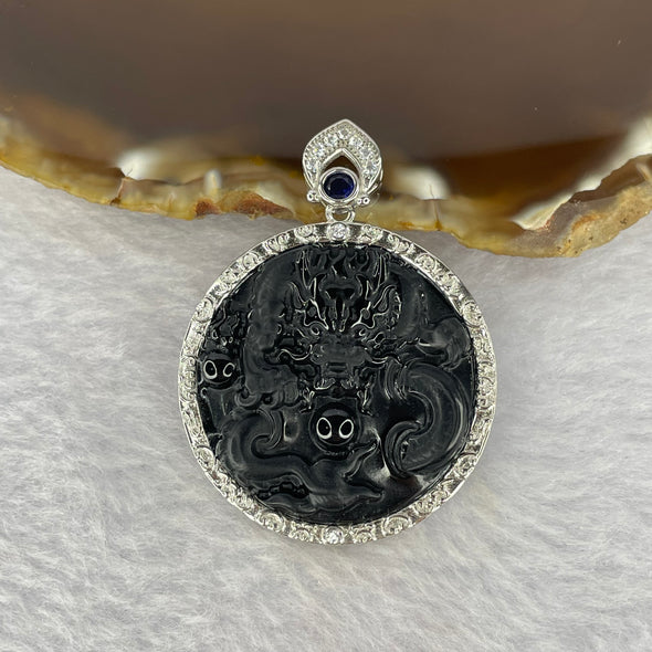 Type A Semi Translucent Black Jadeite Dragon in 925 Silver and Crystals Pendant 11.59g 34.8 by 5.3mm - Huangs Jadeite and Jewelry Pte Ltd