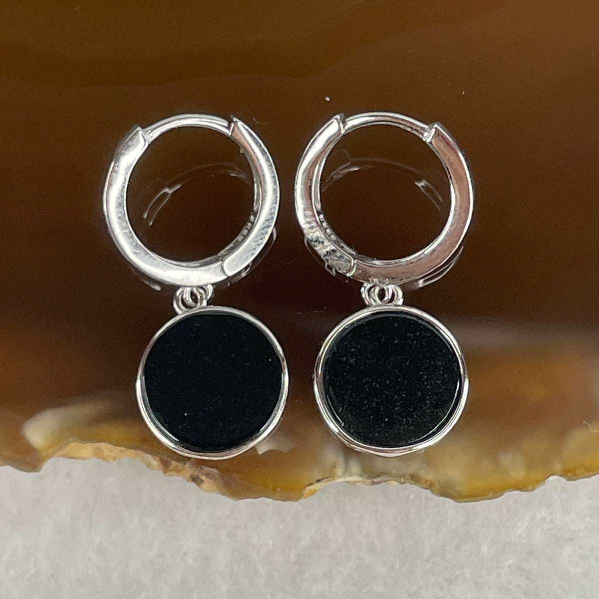 Certified Type A Black Omphacite Jadeite Round Dangling Earrings in S925 Silver | (2.42g Total Weight | 9.6x1.2mm | S925 Silver | Synergy, Negative Energy Shield, Fluid Grace & Wealth Retention)