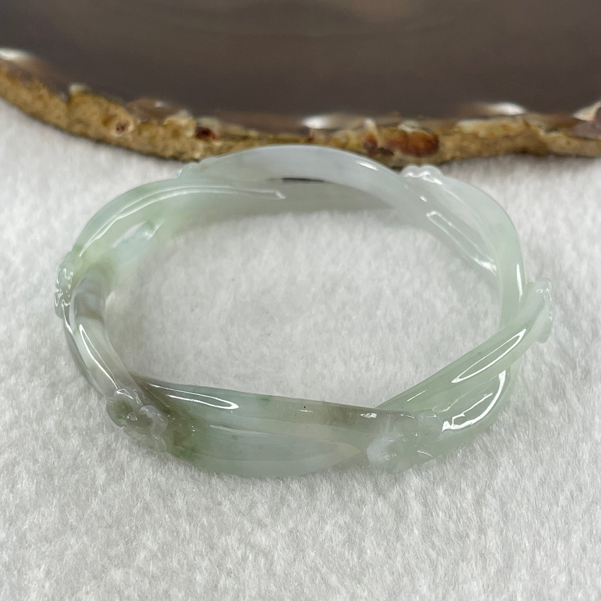 Type A Natural Semi Icy Light Green Jadeite Flowers Bangle 23.20g Inner Diameter 55.0mm 11.7 by 7.2mm (Very Very Slight Internal Line) - Huangs Jadeite and Jewelry Pte Ltd