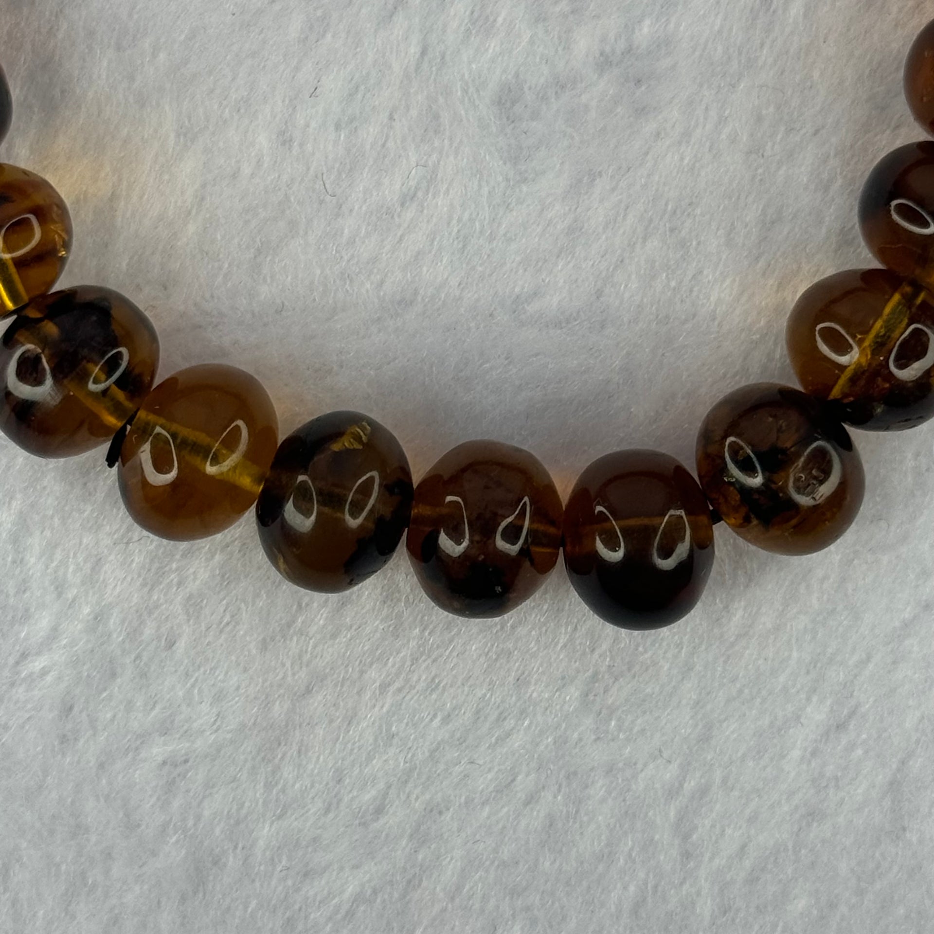 Natural Dark Brownish Yellow Flower Amber Beads Bracelet 天然顺琥珀手链 12.50g 17cm 10.7mm 23 Beads - Huangs Jadeite and Jewelry Pte Ltd