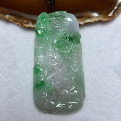 Type A Lavender and Spicy Green Piao Hua Jadeite Shan Shui and Benefactor 87.19g 79.4 by 40.7 by 11.7mm
