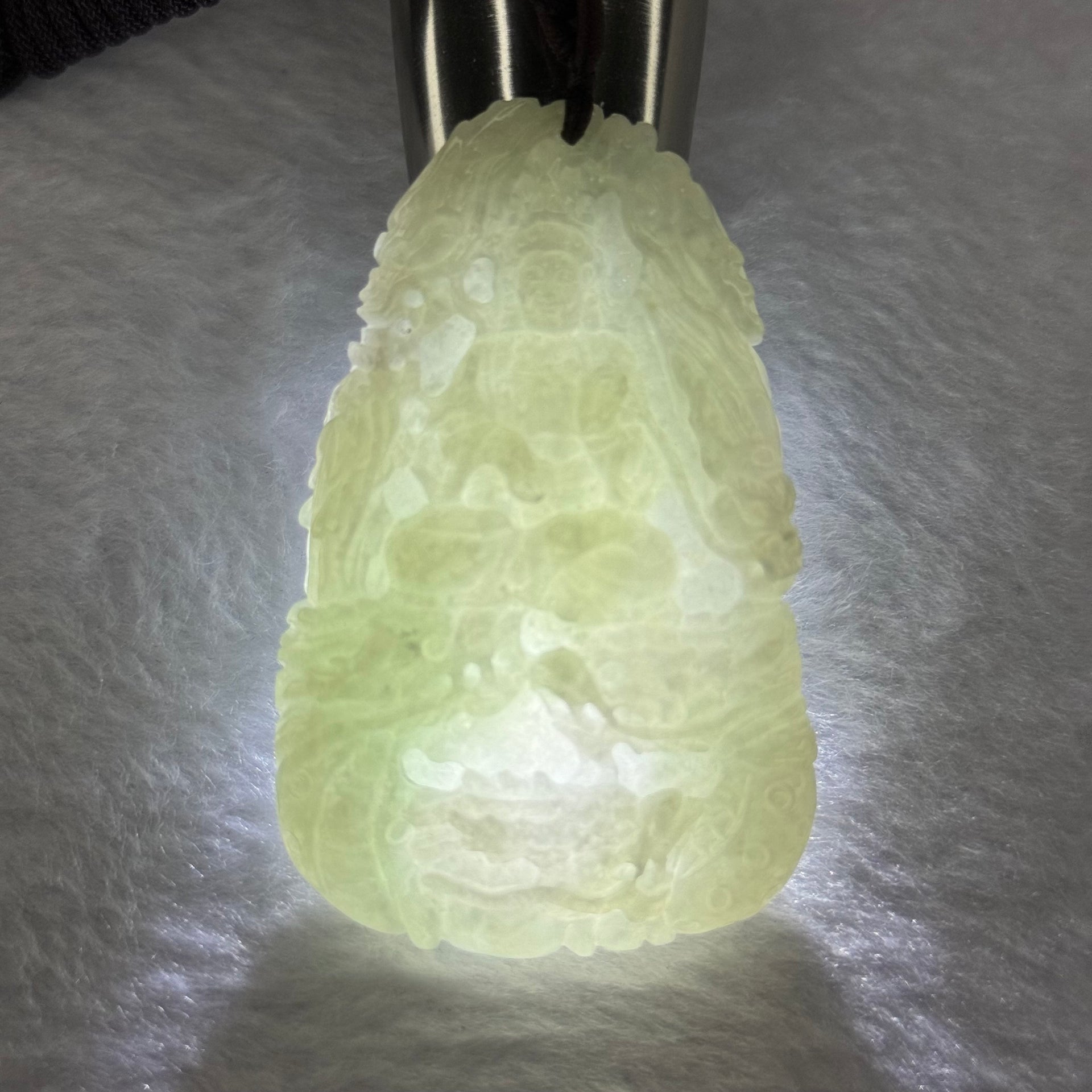 Type A Light Green Lavender Jadeite Guan Yin with 9 Dragons Pendent 51.21g 65.5 by 41.3 by 10.3mm - Huangs Jadeite and Jewelry Pte Ltd