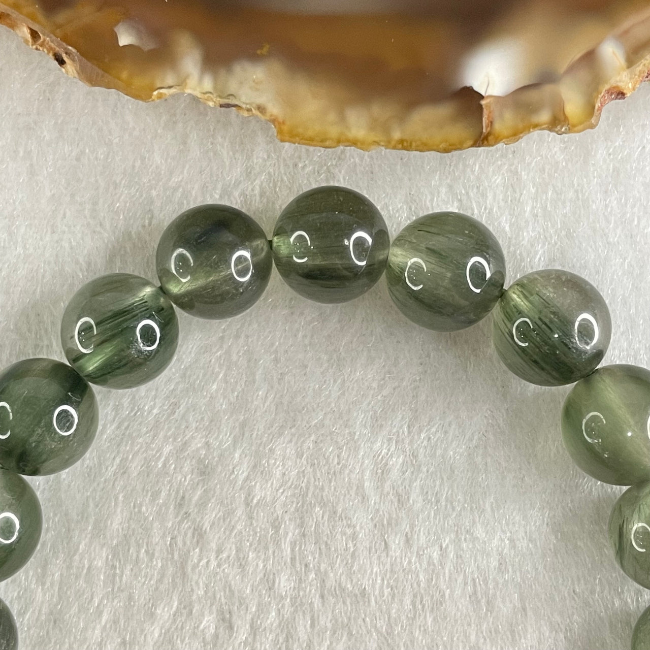 Good Grade Natural Green Rutilated Quartz Beads Bracelet 22.20g 15.5cm 9.4mm 21 Beads - Huangs Jadeite and Jewelry Pte Ltd