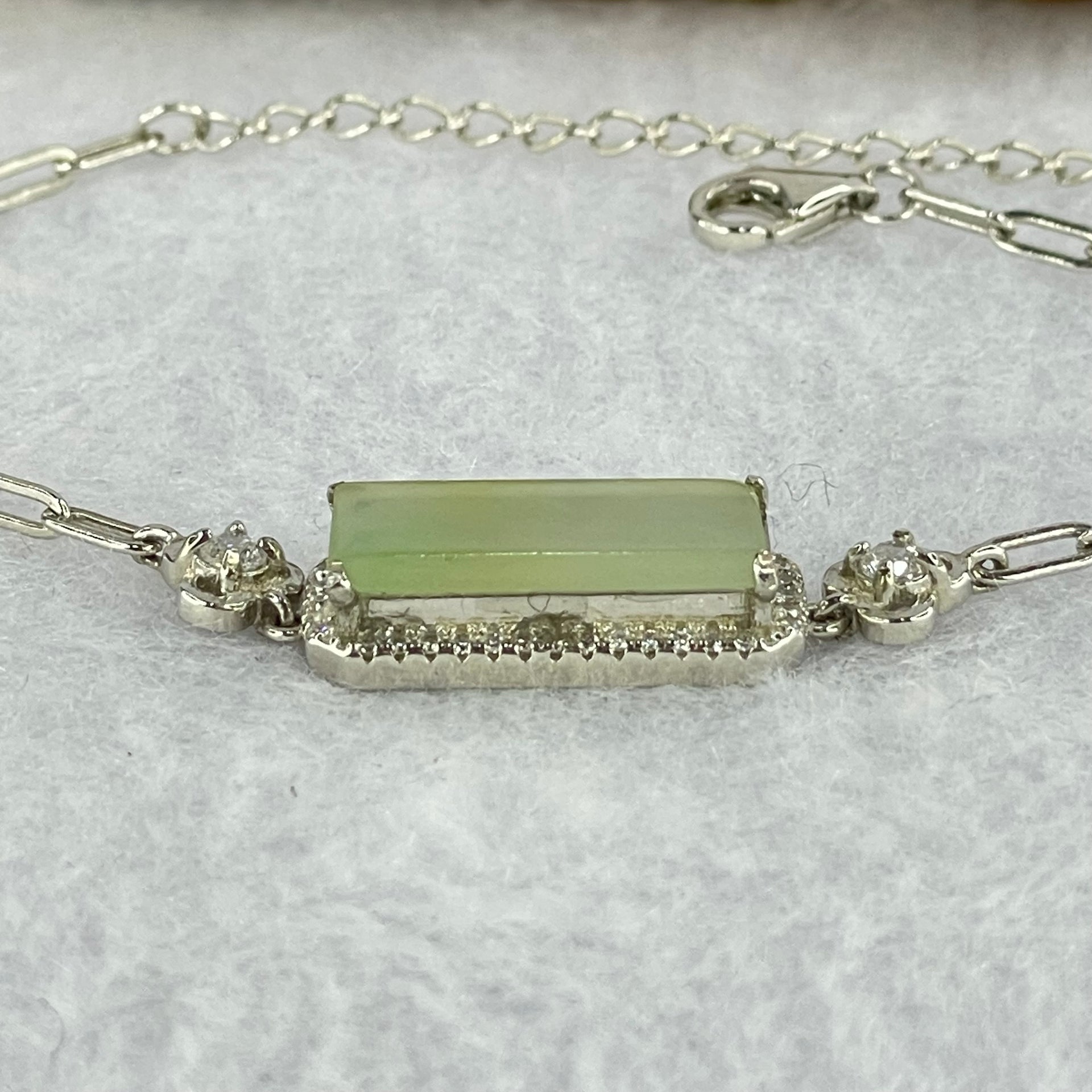 Type A Icy Light Green Jadeite Wu Shi Pai with Crystals in S925 Sliver Bracelet 5.06g 16.6 by 7.4 by 2.5mm - Huangs Jadeite and Jewelry Pte Ltd