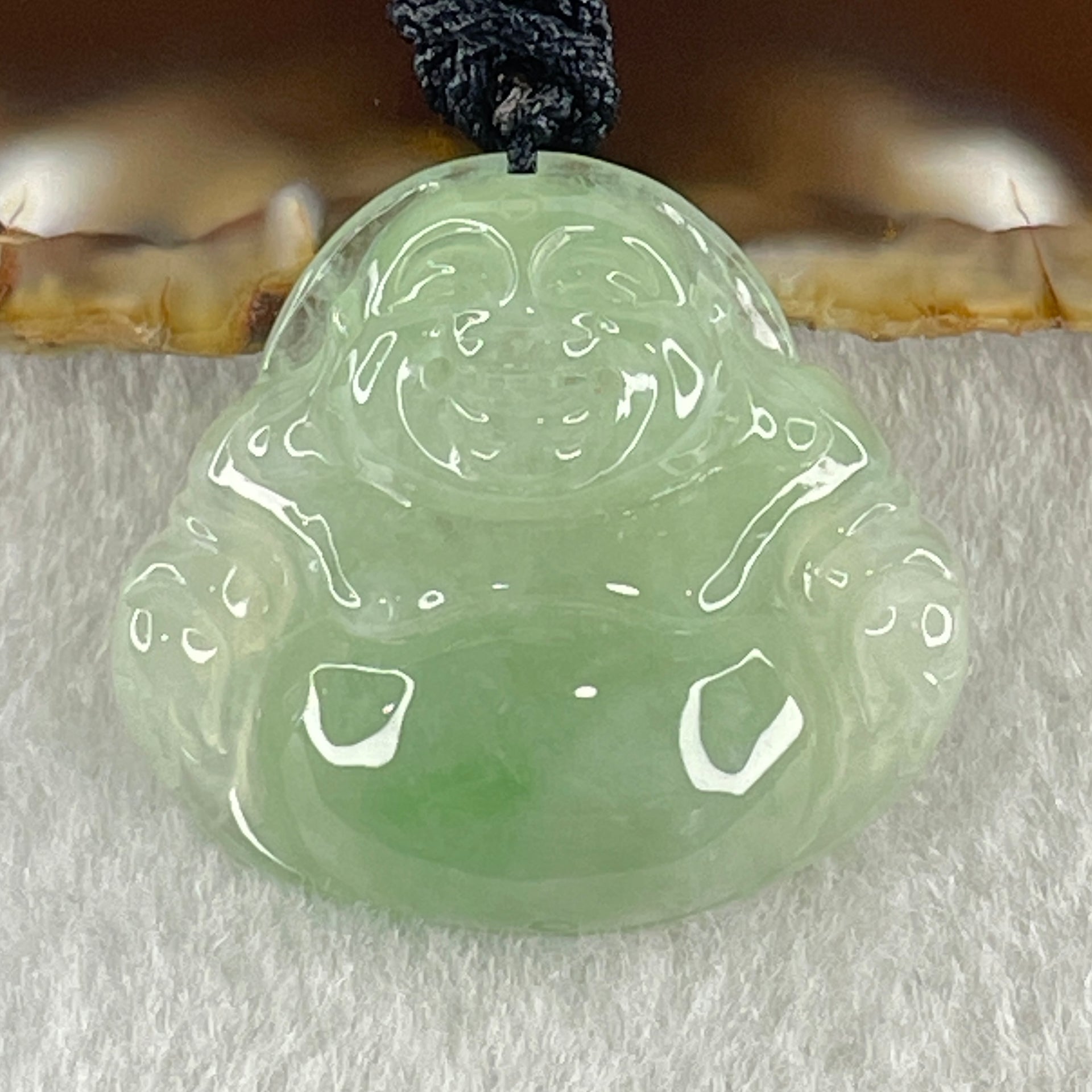 Type A Natural Semi Icy Light Green Jadeite Milo Buddha Pendant 9.03g 25.8 by 28.8 by 6.7mm - Huangs Jadeite and Jewelry Pte Ltd