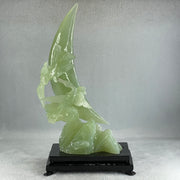 Natural Green Serpentine Twin Cranes on Mountain and Moon with Wooden Stand Display 804.7g H147.0 by B100.0 by H226.0mm - Huangs Jadeite and Jewelry Pte Ltd
