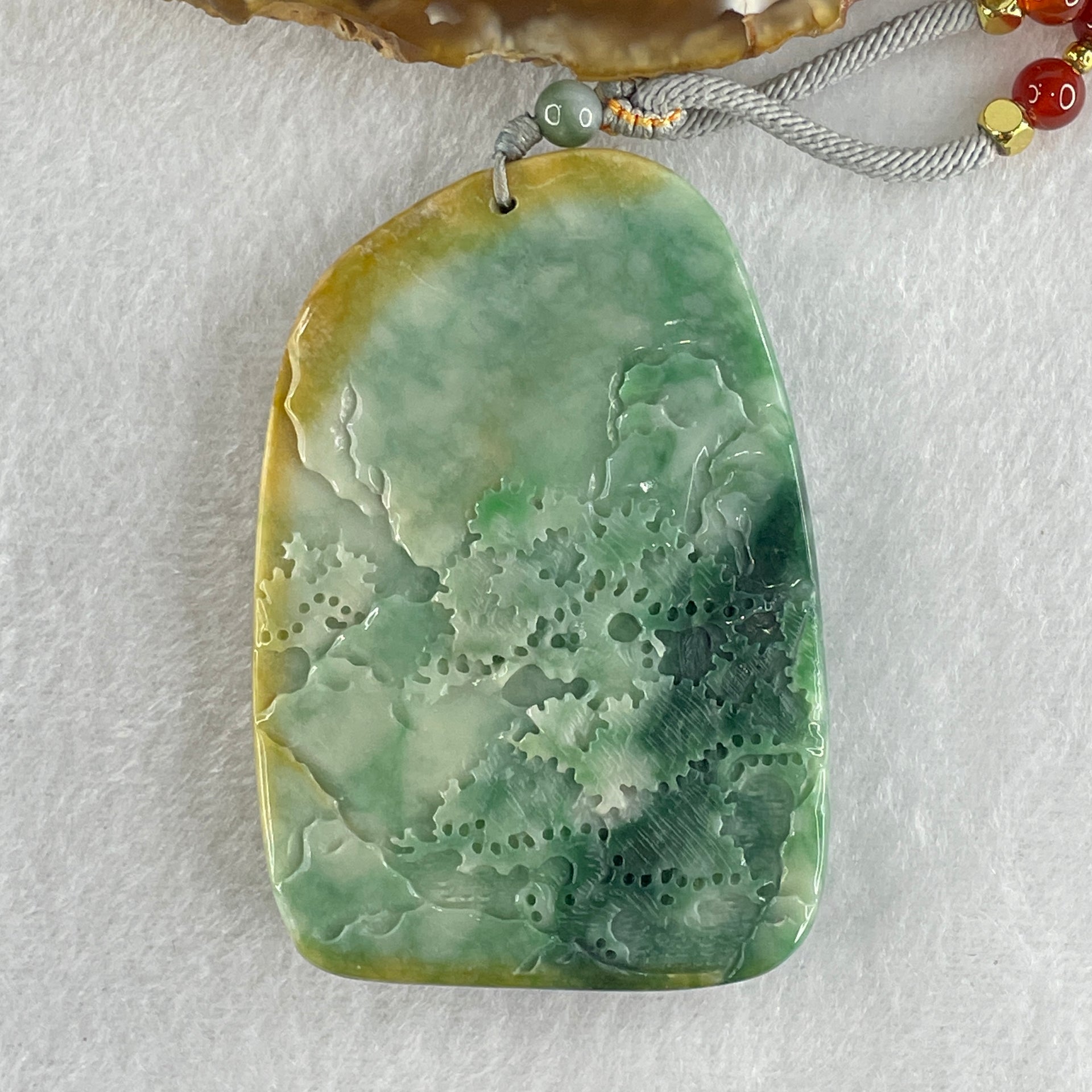 Grand Master Type A Green with Spicy Green and Yellow Piao Hua Jadeite Phoenix with Flower Double Side Pendant 86.78g 72.0 by 48.0 by 12.5mm - Huangs Jadeite and Jewelry Pte Ltd