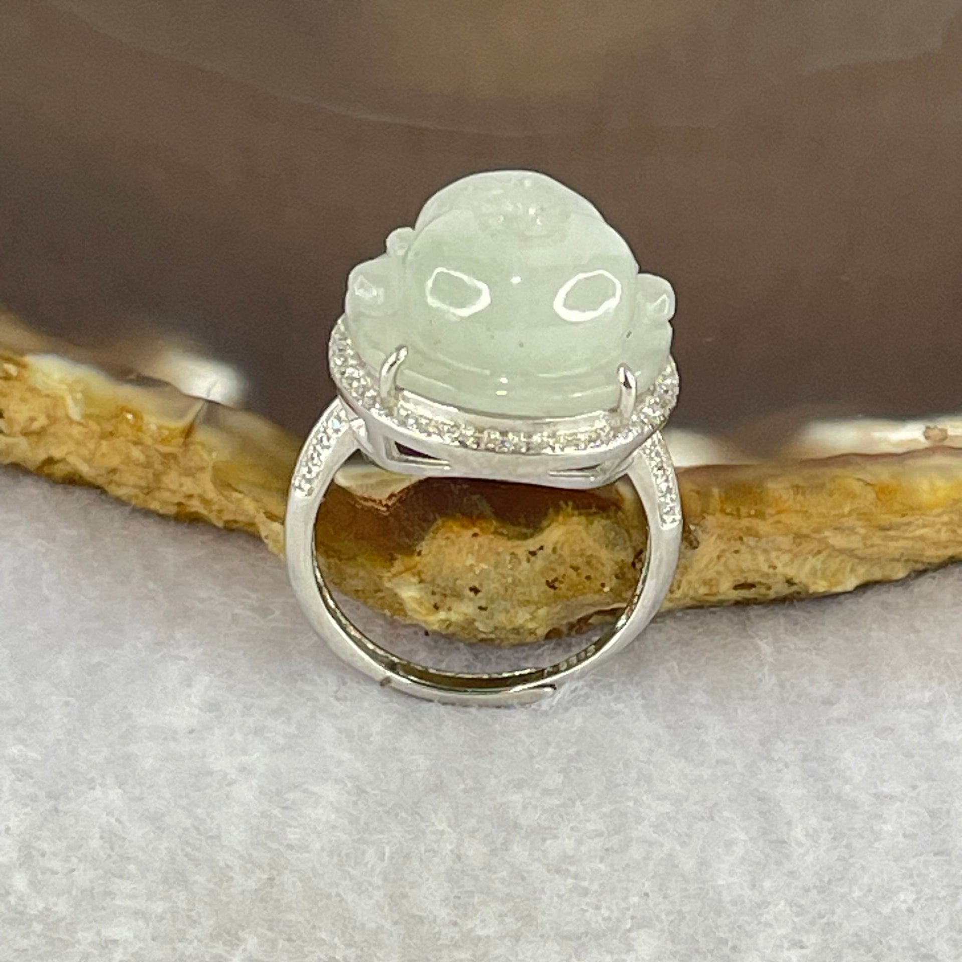 Type A Faint Lavender Green Jadeite Milo Buddha in S925 Ring (Adjustable Size) 6.28g 16.6 by 16.6 by 9.2mm - Huangs Jadeite and Jewelry Pte Ltd