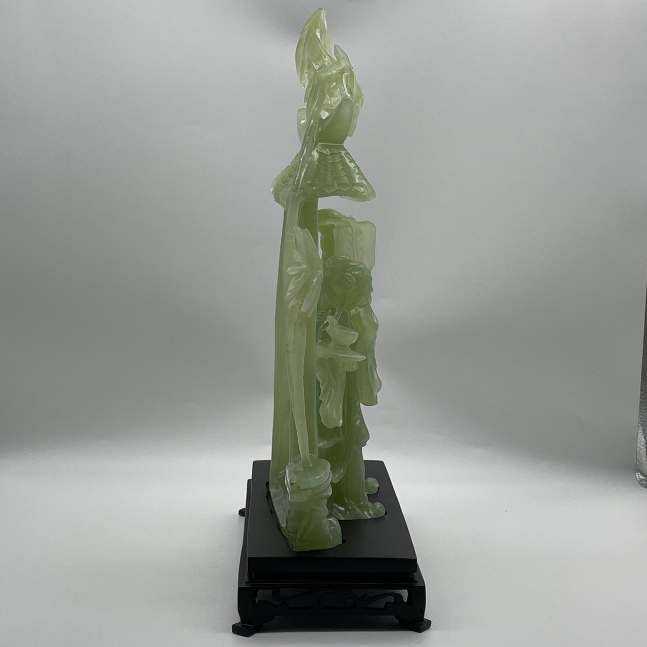 Natural Semi Icy Green Serpentine Twin Fairy with Bamboo and Roof with Wooden Stand Display 2,524.6g 280.0 by 125.0 by 395.0mm