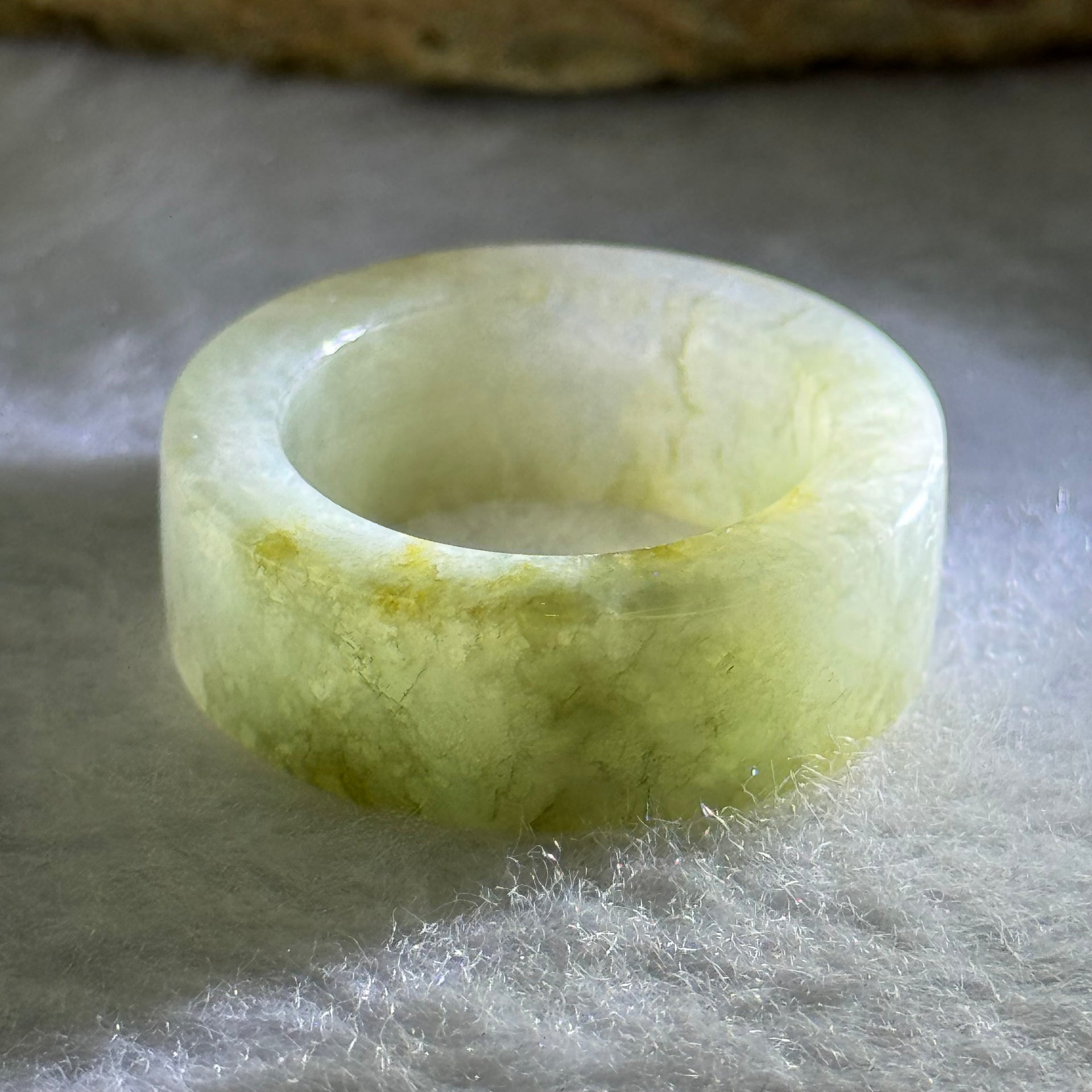 Type A Light Green and Yellow Brown Patches Jadeite Ring 8.91g 9.0 by 4.4mm US8 HK17.6 - Huangs Jadeite and Jewelry Pte Ltd