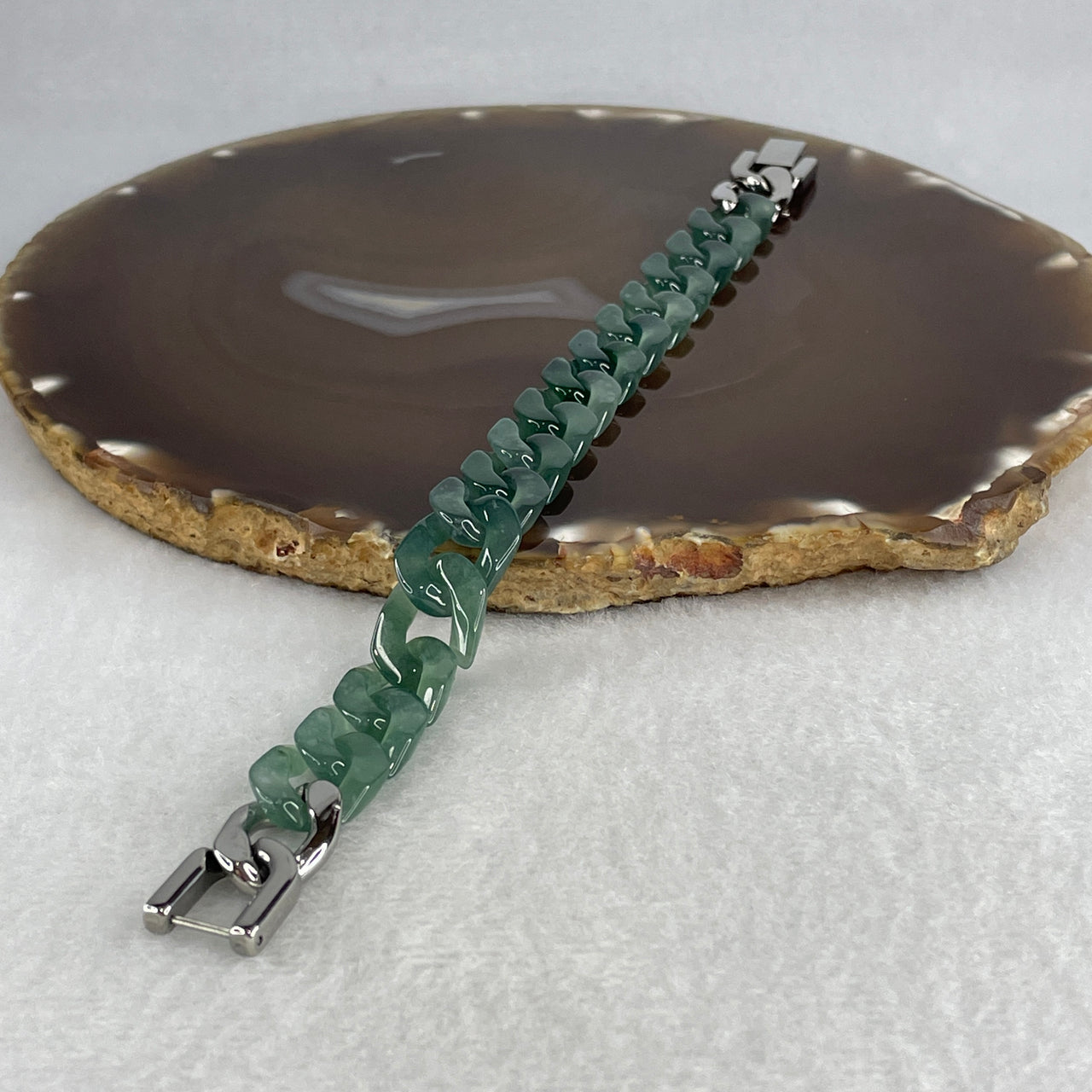 Certified Natural Type A Icy Blueish Green Jadeite Cuban Tennis Bracelet with Stainless Steel Clasp 20.60g Up to 17cm 11.7 by 3.4mm 16 Pcs