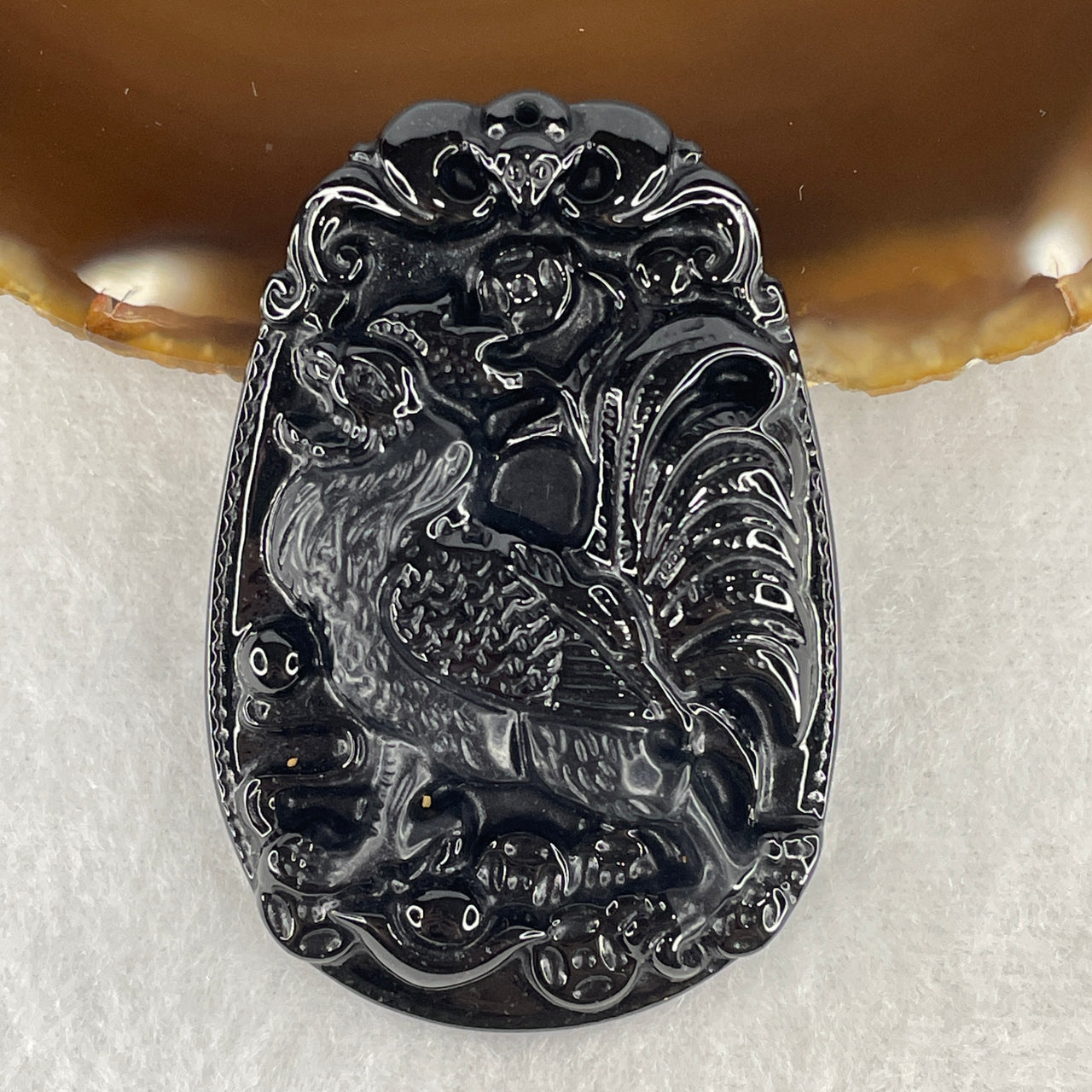 Certified Type A Opaque Black Omphacite Jadeite Rooster with Bat & Coins Pendant | Fortune & Rooster Zodiac Protection Talisman (34.03g | 59.0 x 40.3 x 8.3mm)
