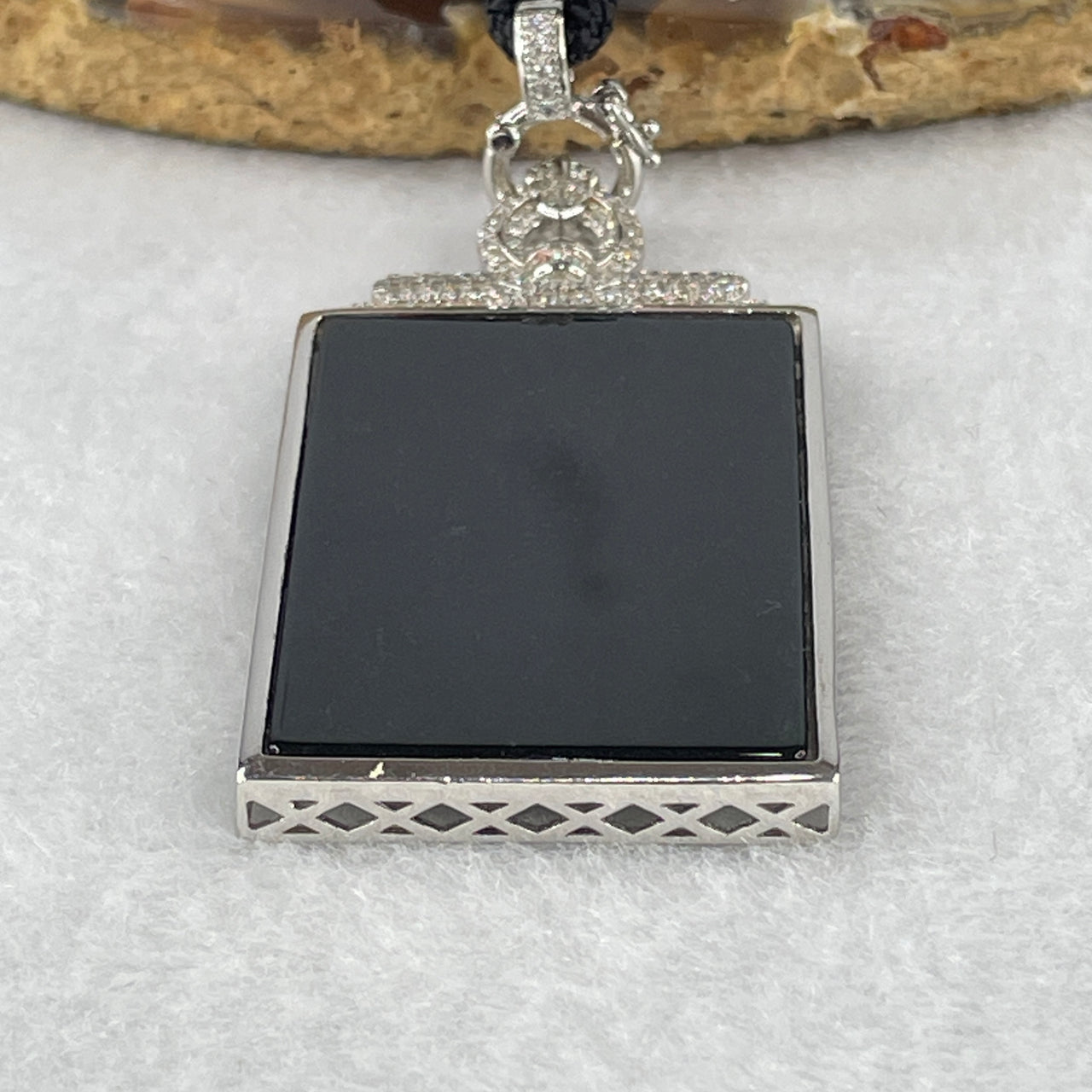 Certified Natural Type A Black Omphacite Jadeite Wu Shi Pai in S925 Sliver Pendant 17.96g 39.0 by 26.6 by 1.5mm