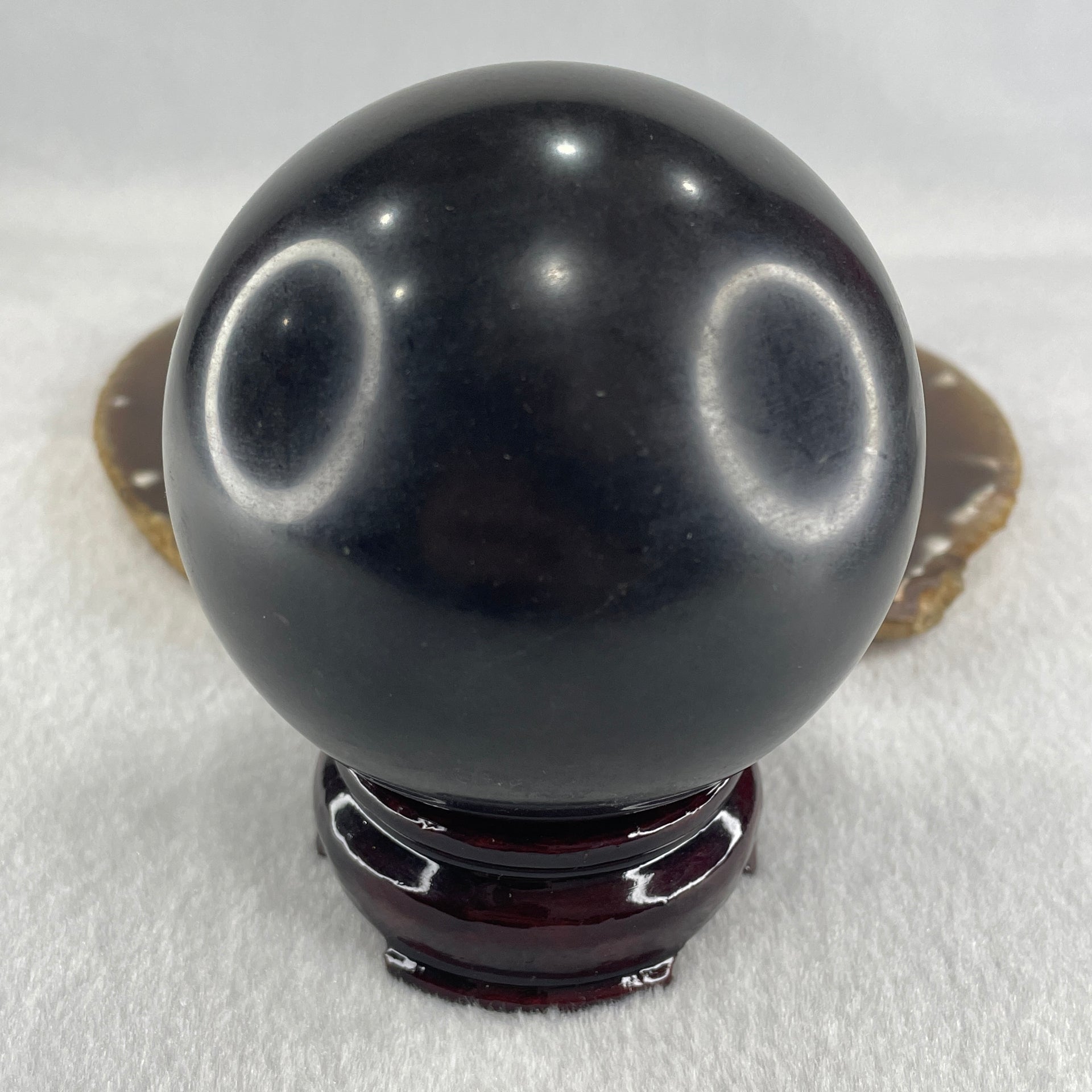 Natural Shungite Ball Display With Wooden Stand 775.36g 78.0 by 97.5mm - Huangs Jadeite and Jewelry Pte Ltd