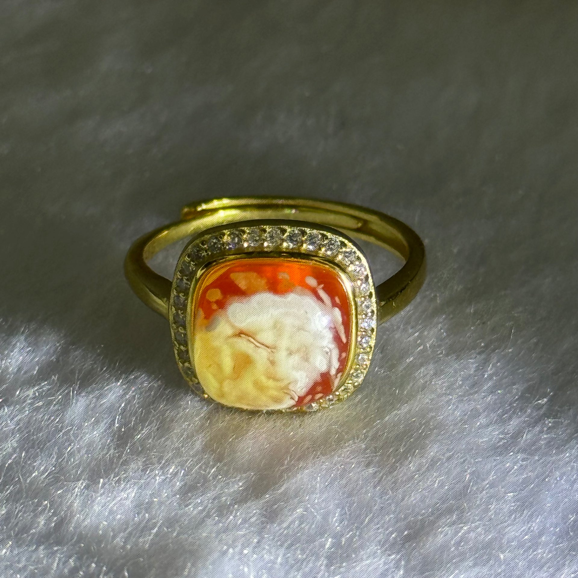 Natural Honey Yellow Amber with Milk Inclusions in S925 Sliver Gold Color Ring (Adjustable Size) 2.32g 9.7 by 9.0 by 4.0mm - Huangs Jadeite and Jewelry Pte Ltd