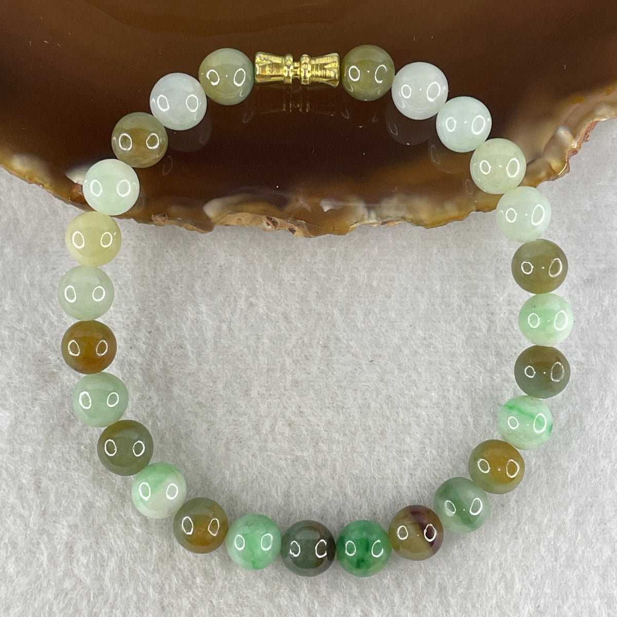 Natural Type A Green, Brownish & Reddish Jadeite Beads Bracelet | (20.51g | 17.5cm | 7.6mm x 26 Beads | Synergy, Grounded Abundance Magnet & Feng Shui Prosperity Anchor)