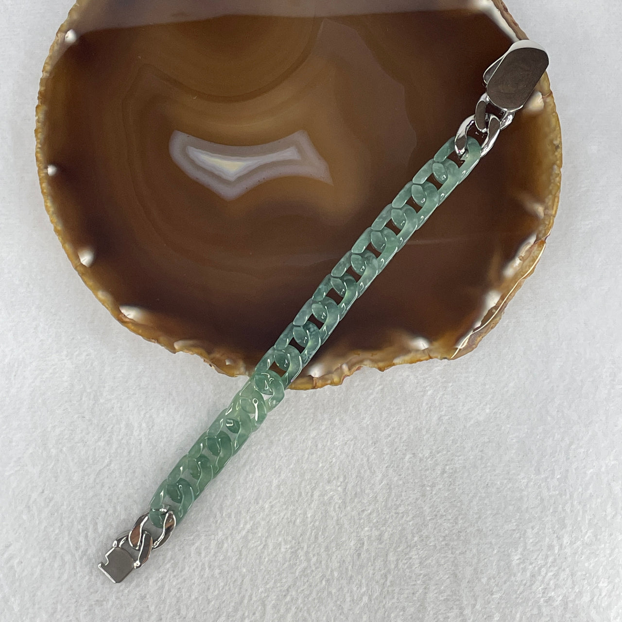 Certified Natural Type A Icy Blueish Green Jadeite Cuban Tennis Bracelet with Sliver Color Clasp 26.35g Up to 18cm 11.7 by 3.5mm 16 Pcs