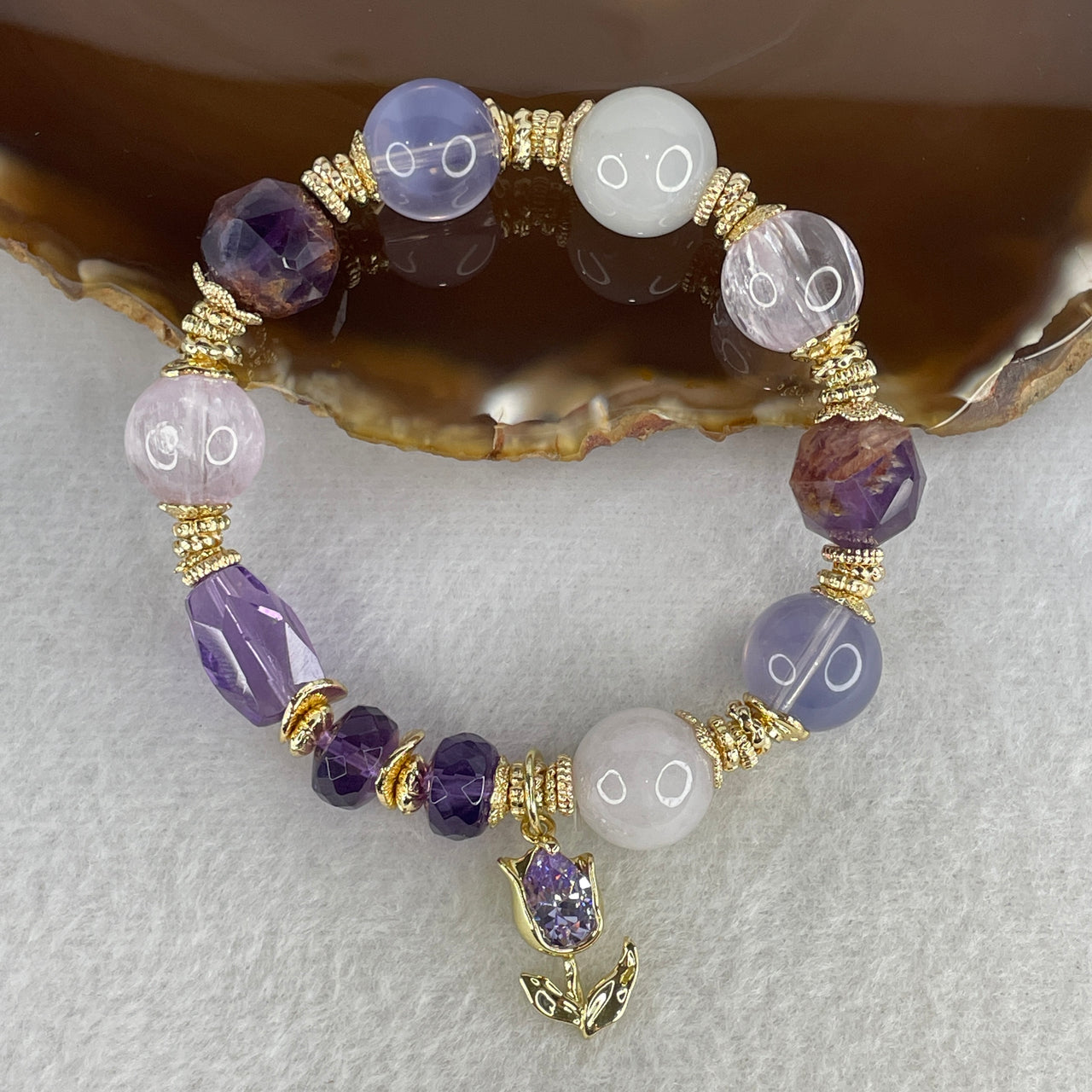 Natural Amethyst, Phantom Amethyst, Aquamarine & Clear Quartz Bracelet | 15cm Tailored Strand | 11-Piece Powerhouse Statement Cluster with Gold Flower Charms (41.13g, 9.9-13.7mm)