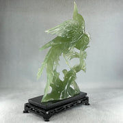 Natural Icy Light Green Serpentine Phoenix on Tree with Twin Birds and Flower with Wooden Stand Display 710.1g 169.0 by 262.0 by 84.0mm - Huangs Jadeite and Jewelry Pte Ltd