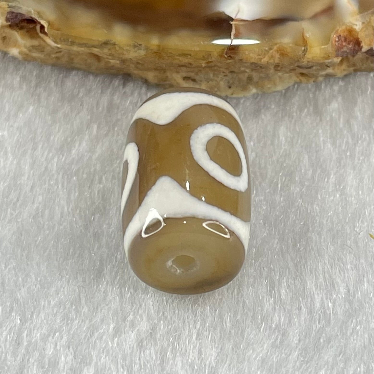 Natural Powerful Tibetan Old Oily Dark Brown With White Agate 3 Eyes Dzi Bead Heavenly Master (Tian Zhu) 三眼天诛 3.10g 15.6 by 10.6mm - Huangs Jadeite and Jewelry Pte Ltd