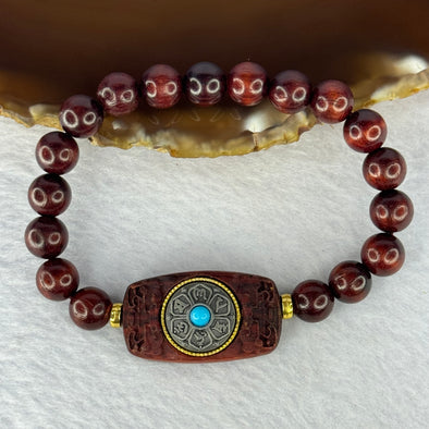 Natural Blood Zitan Beads with Rotating Turquoise Om Mani Padme Hum Powerful Mantra Bracelet 天然血檀木旋转唵嘛呢叭咪吽手链 10.89g 15cm 8.4mm 18 Beads / 30.6 by 17.3 by 7.4mm - Huangs Jadeite and Jewelry Pte Ltd