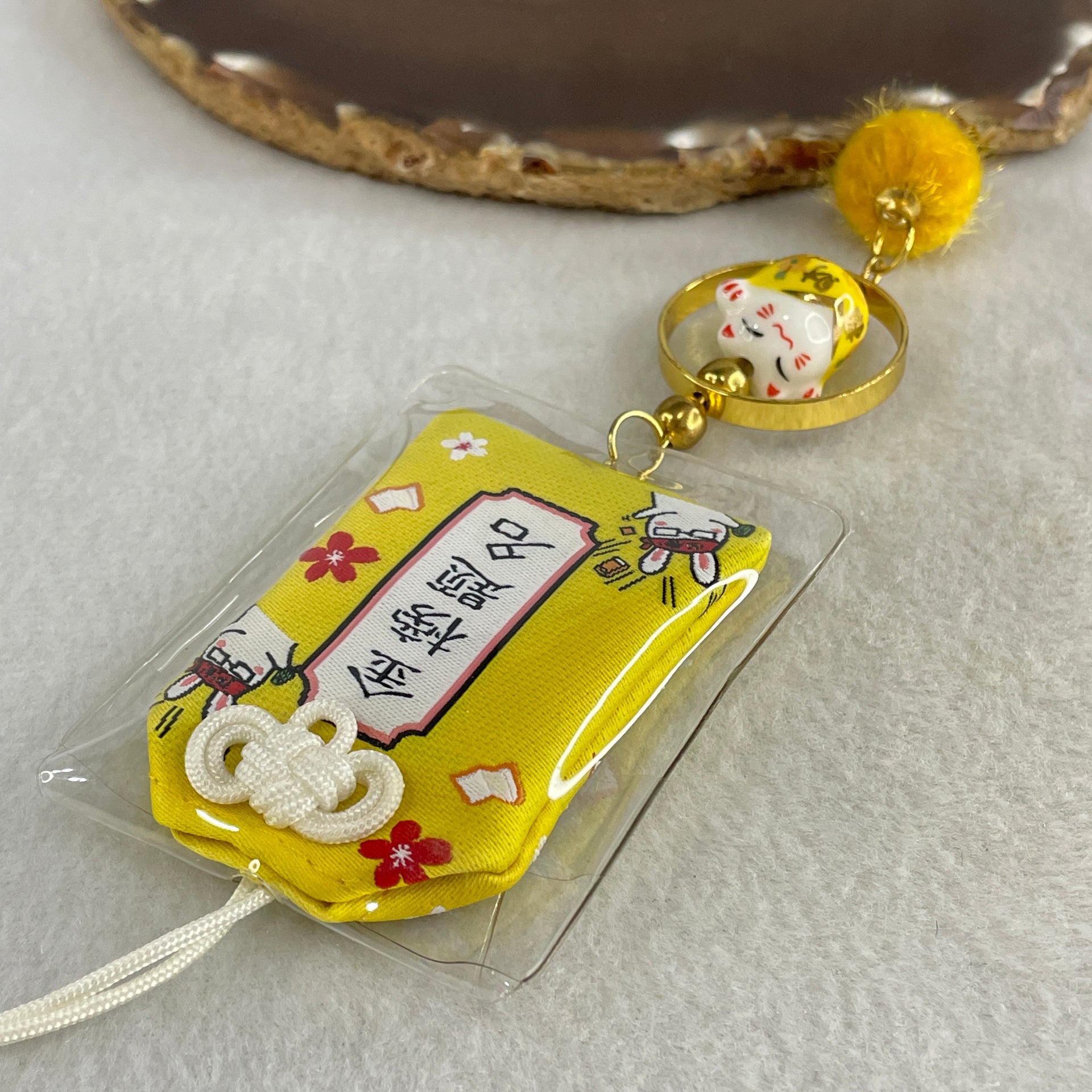 Porcelain Yellow Fortune Cat Yushou Charm 13.88g 15.1 by 17.6 by 14.3mm - Huangs Jadeite and Jewelry Pte Ltd