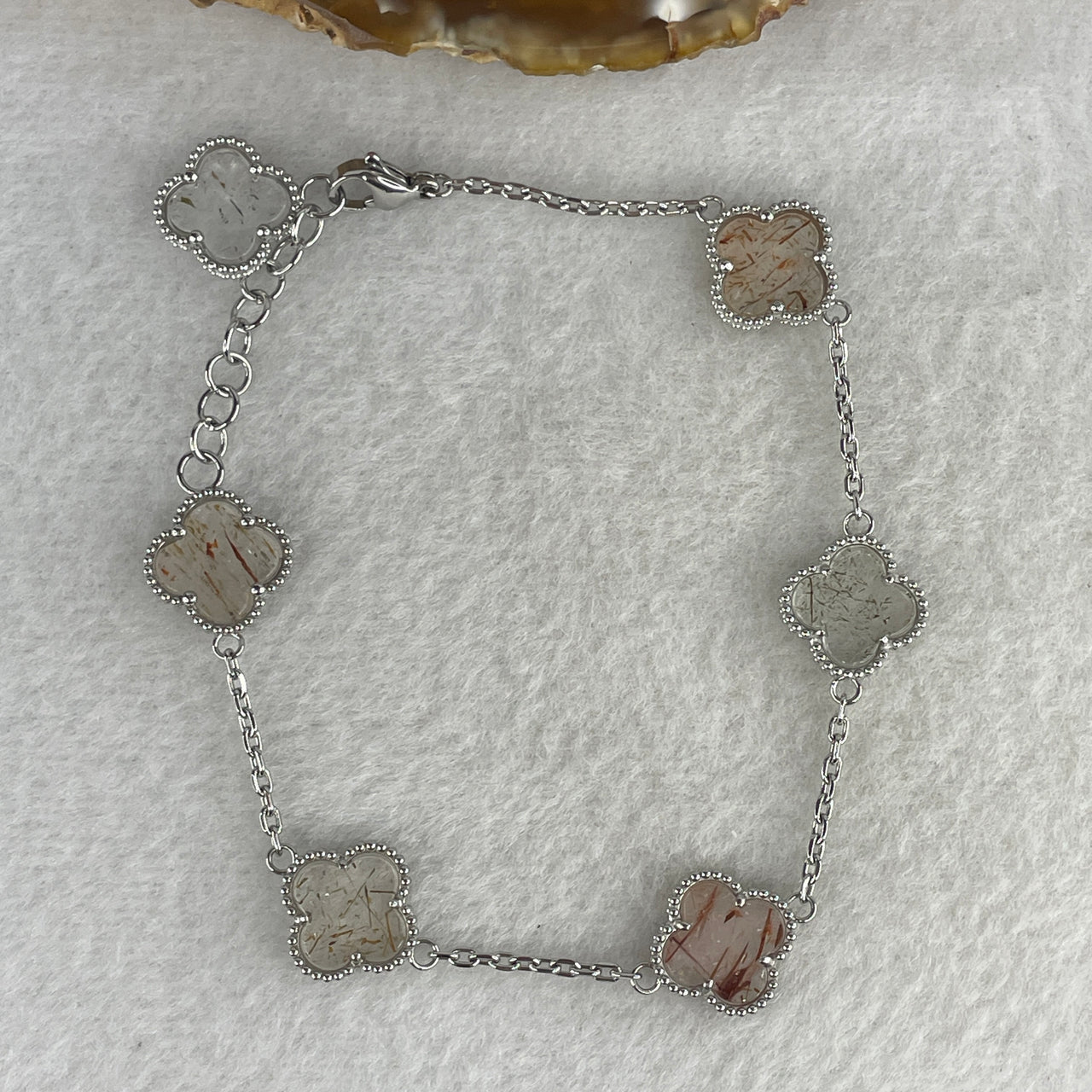 Natural Rutilated Quartz Four-Leaf Clover Bracelet | Solid S925 Sterling Silver Setting | Adjustable 16-18cm Wrist Fit | "Venus Hair" Cosmic Wealth & Energy Amulet (8.32g 11.2x2.0mm)