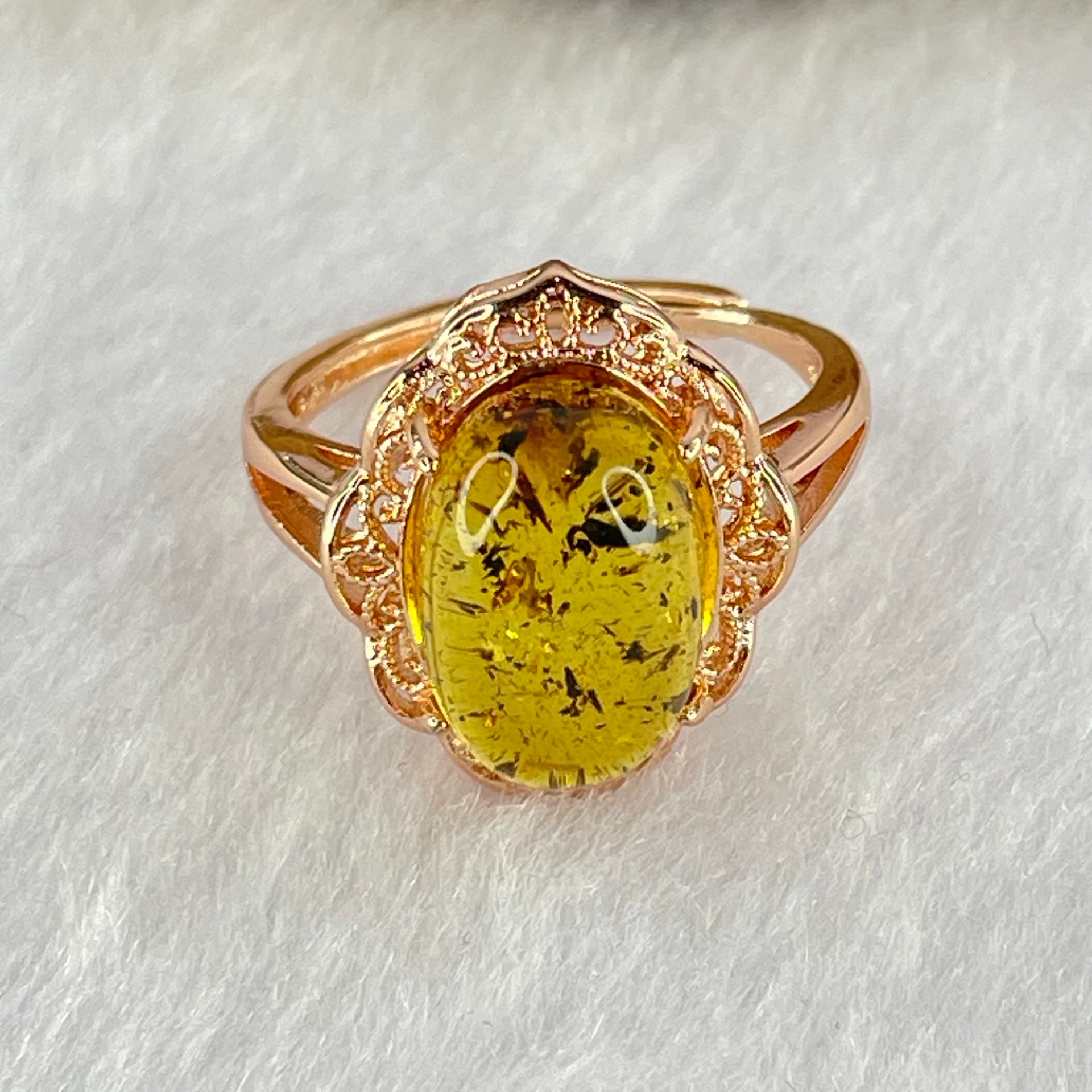 Natural Yellow Amber in S925 Rose Gold Color Ring 2.45g 13.0 by 8.7 by 6.0mm - Huangs Jadeite and Jewelry Pte Ltd
