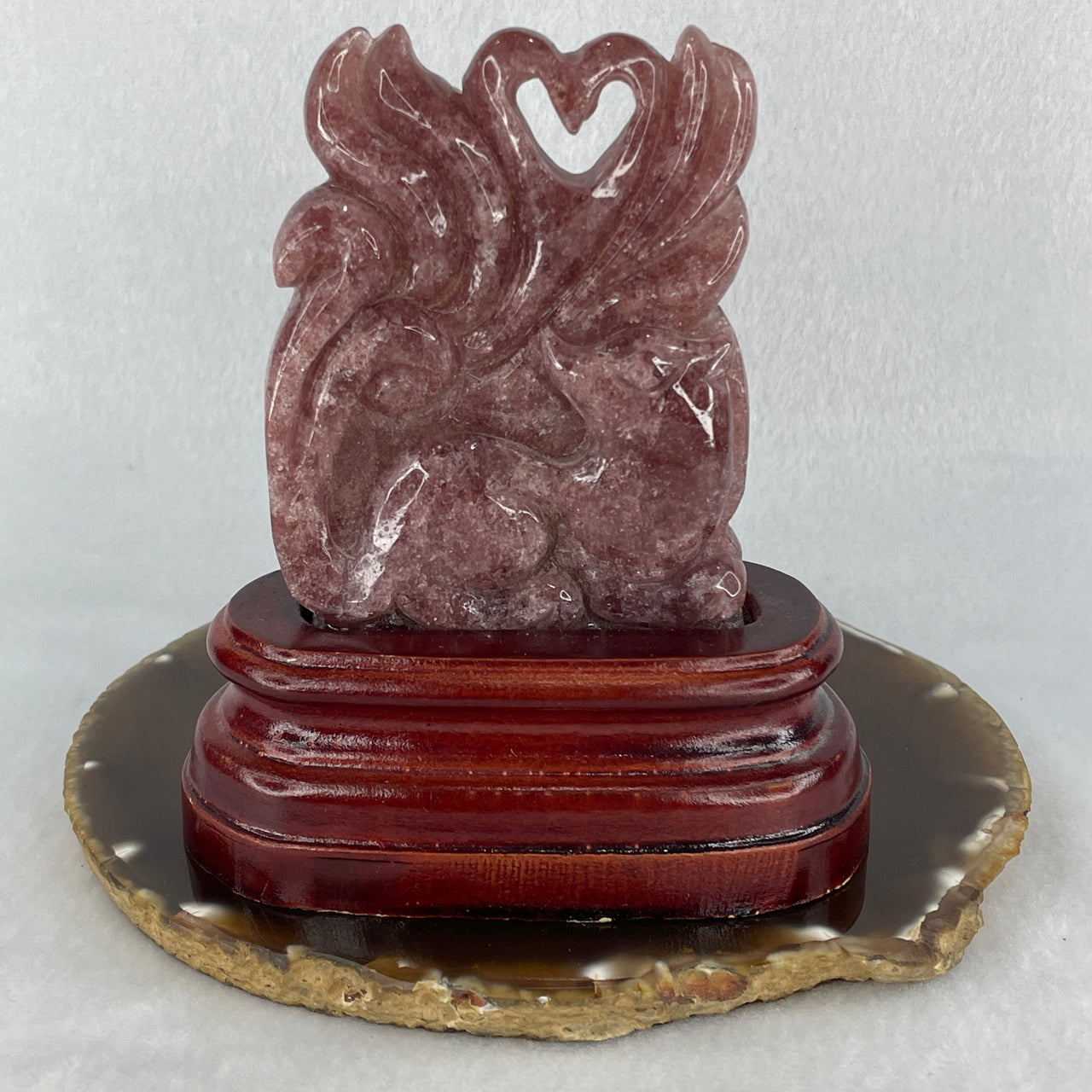 Natural Reddish-Pink Strawberry Quartz 9-Tail Fox | Ultimate Romance & Attraction Magnet | Premium Custom Wooden Display Stand (282.4g 116x60x125mm)
