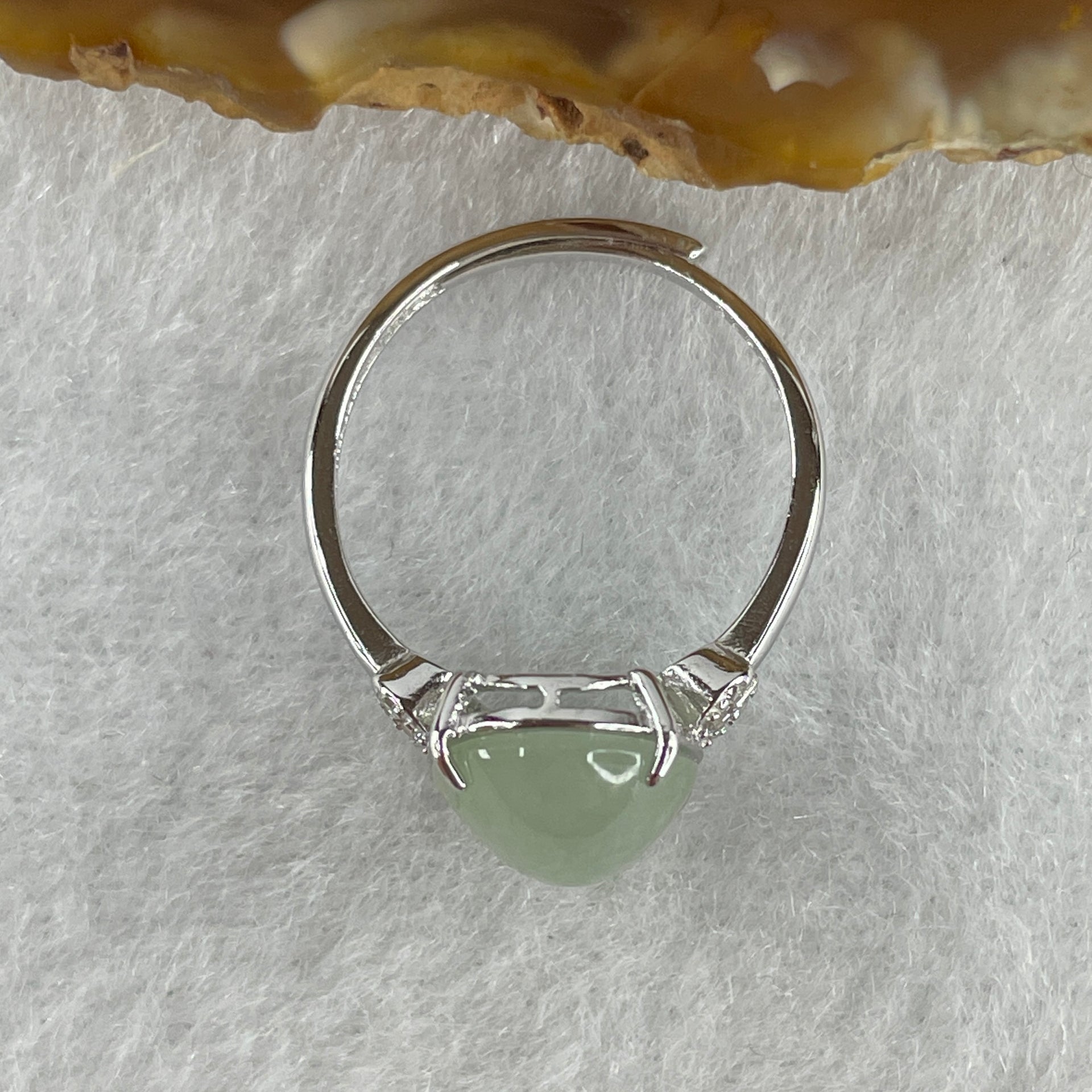 Natural Type A Semi Icy Faint Green Jadeite Oval Shape Cabouchon in S925 Silver Ring (Adjustable Size) 2.26g 11.3 by 9.1 by 5.0mm - Huangs Jadeite and Jewelry Pte Ltd