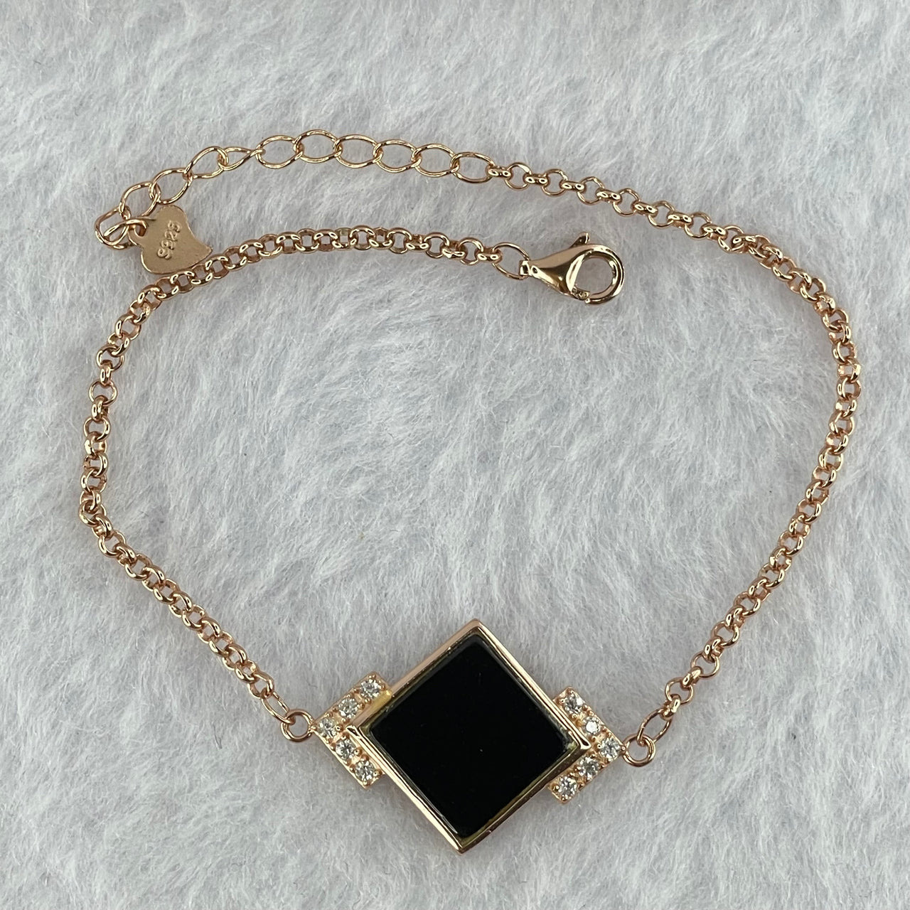 Type A Translucent Black Omphasite Jadeite Square Wu Shi Pai with Crystals in S925 Sliver Rose Gold Color Bracelet 3.44g 15.2 by 1.2mm - Huangs Jadeite and Jewelry Pte Ltd